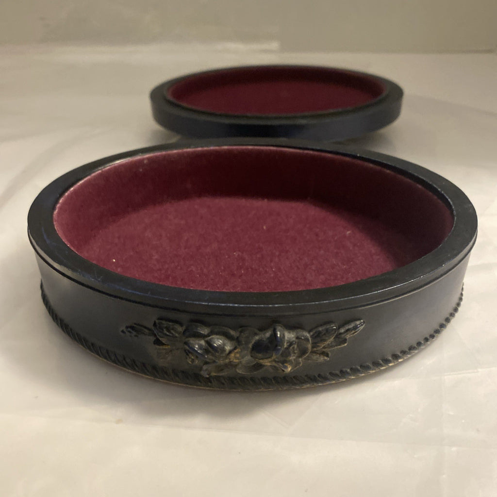Blue and Gold Hand Painted Trinket Dresser Box w/ Lid Raised Roses Oval 6"x5"x1"