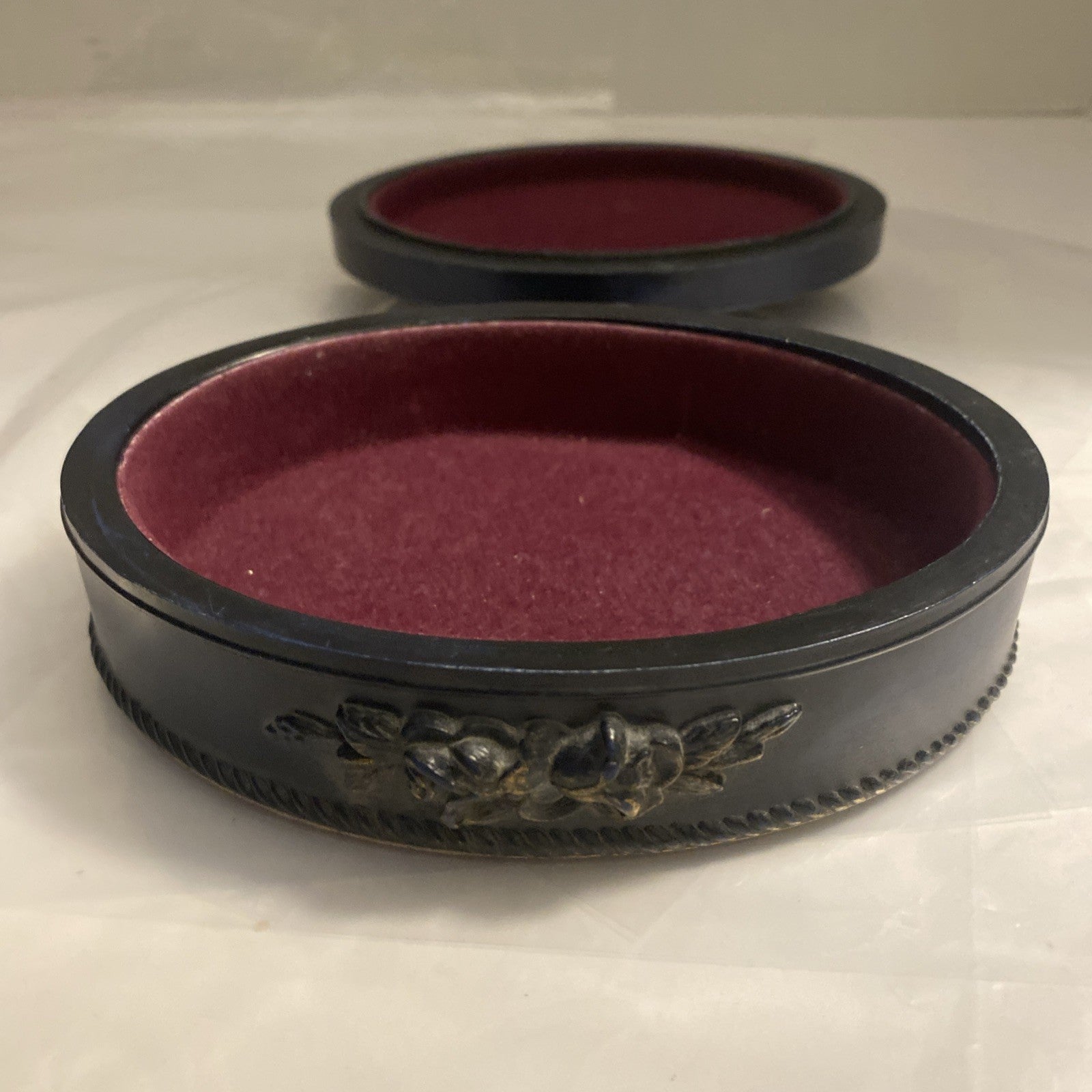Blue and Gold Hand Painted Trinket Dresser Box w/ Lid Raised Roses Oval 6"x5"x1"