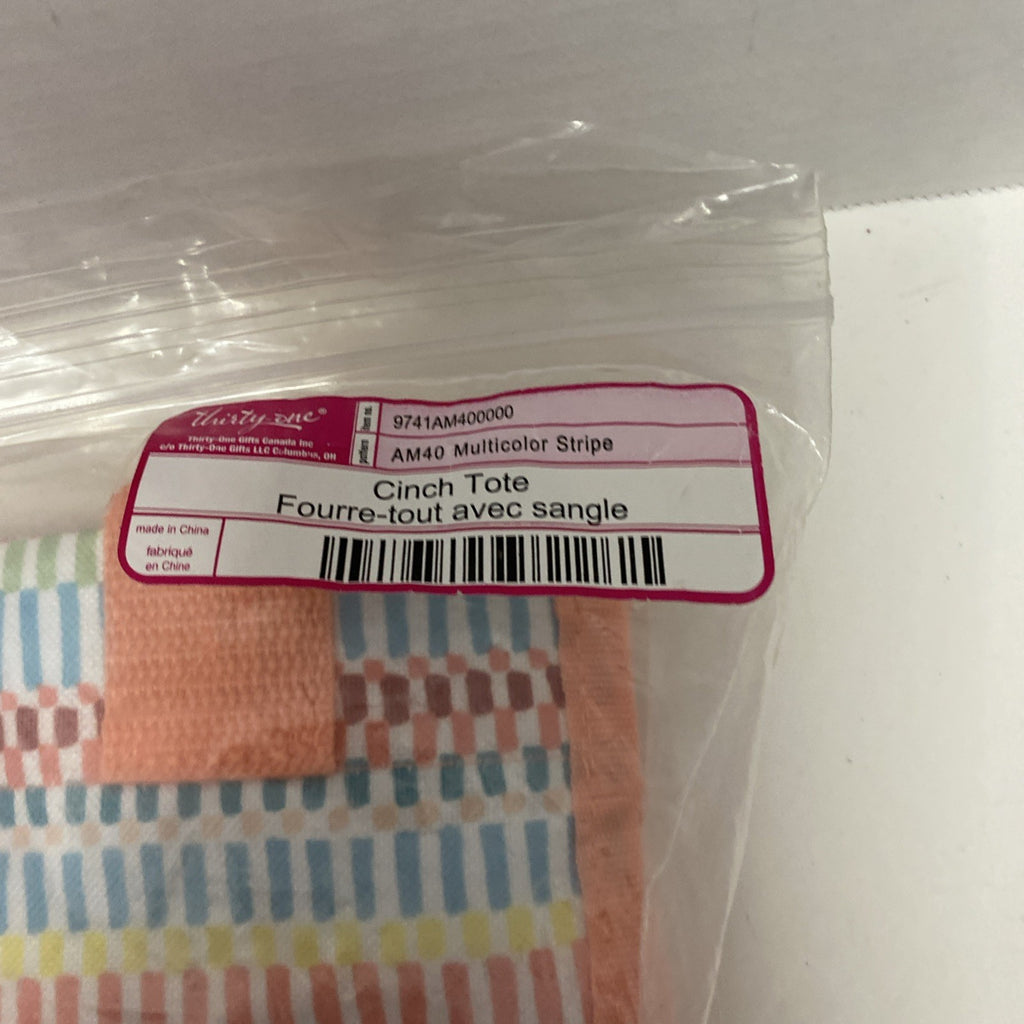 Thirty One Cinch Tote Bag, Multi Color Stripe, New In Pkg