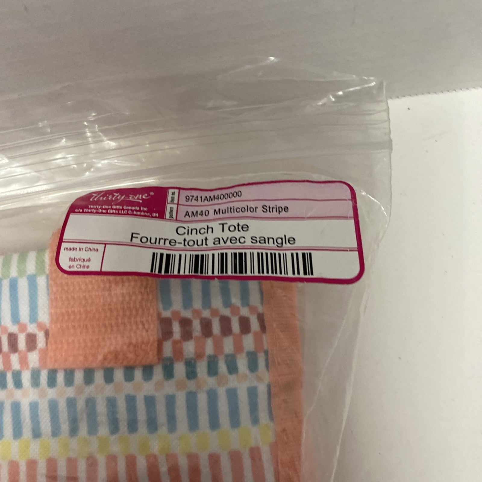 Thirty One Cinch Tote Bag, Multi Color Stripe, New In Pkg