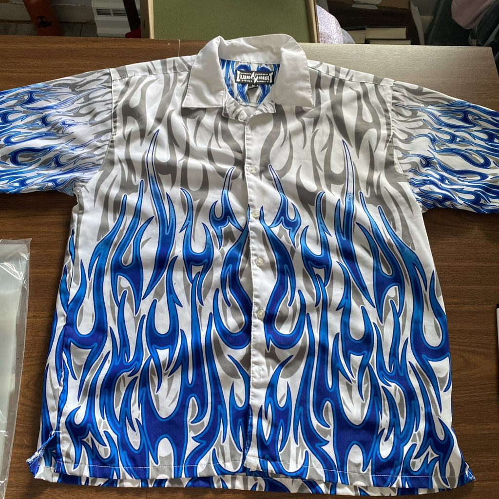 VTG Steve & Barry’s Club Shirt Blue Flame Button Up Collared Men’s Size Med Y2K
