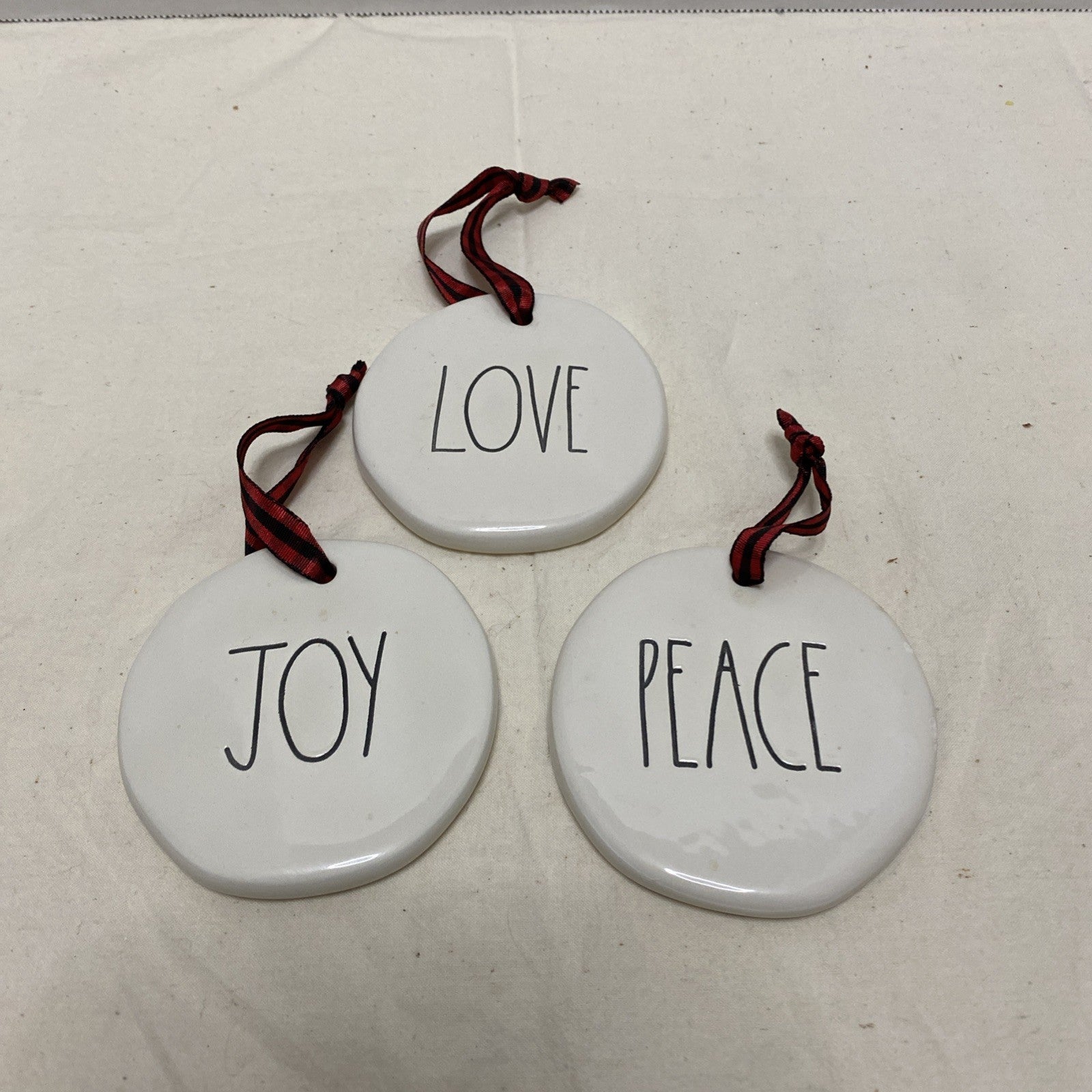 Rae Dunn Set of 3 Christmas Ornaments “ joy peace love” White  3” Diameter Boxed