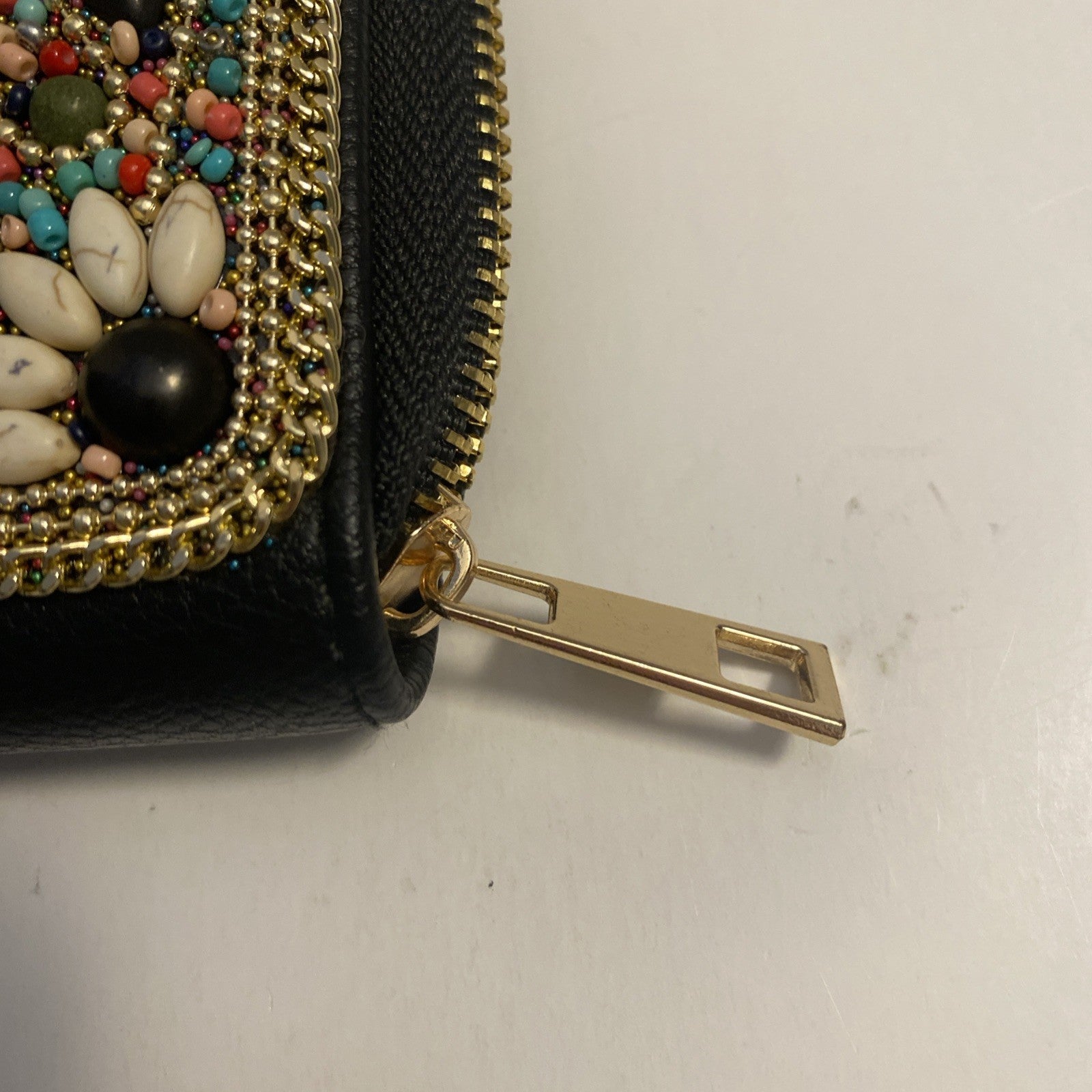 Beaded wallet Black leather with pink, teal peach, dark blue beads, golden trim