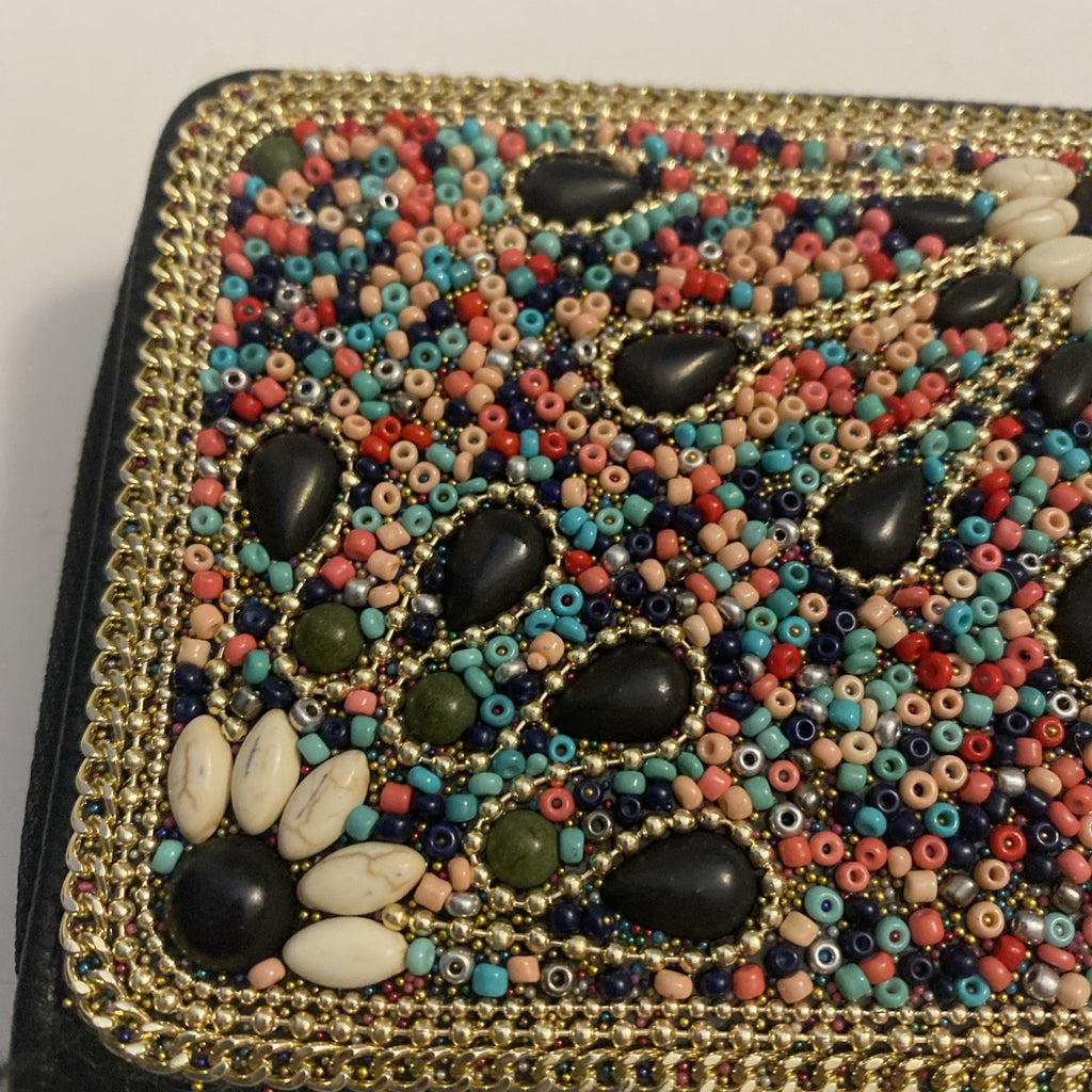 Beaded wallet Black leather with pink, teal peach, dark blue beads, golden trim