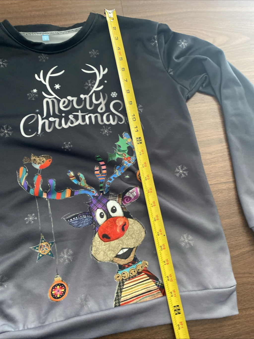 Merry Christmas Long Sleeve Stretch Top Reindeer w/Multi-Color Antlers -Size Med