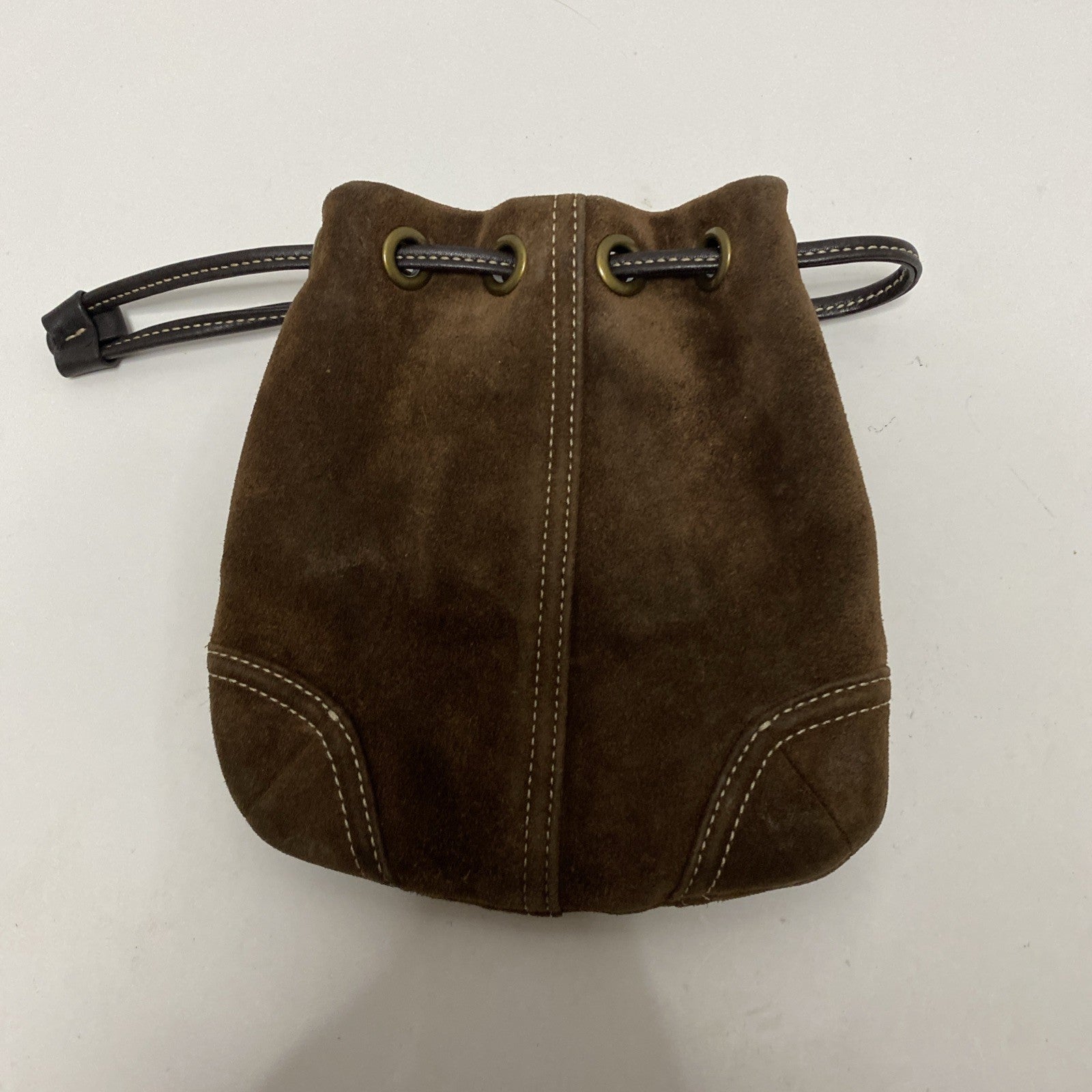 COACH VINTAGE MARBLE BAG DRAW STRING Brown  SUEDE SMALL EUC 6” x 6”