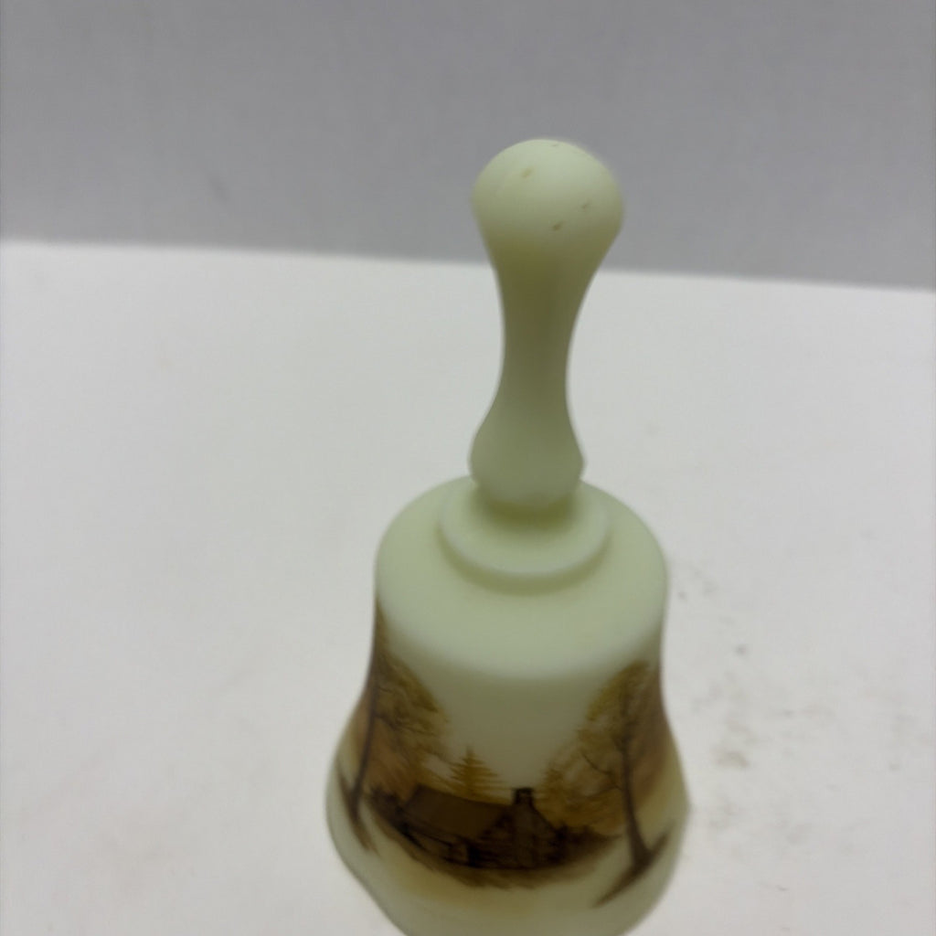 Vintage Fenton Uranium Custard Glass Bell Log Cabin Hand Painted Signed ~ Glows