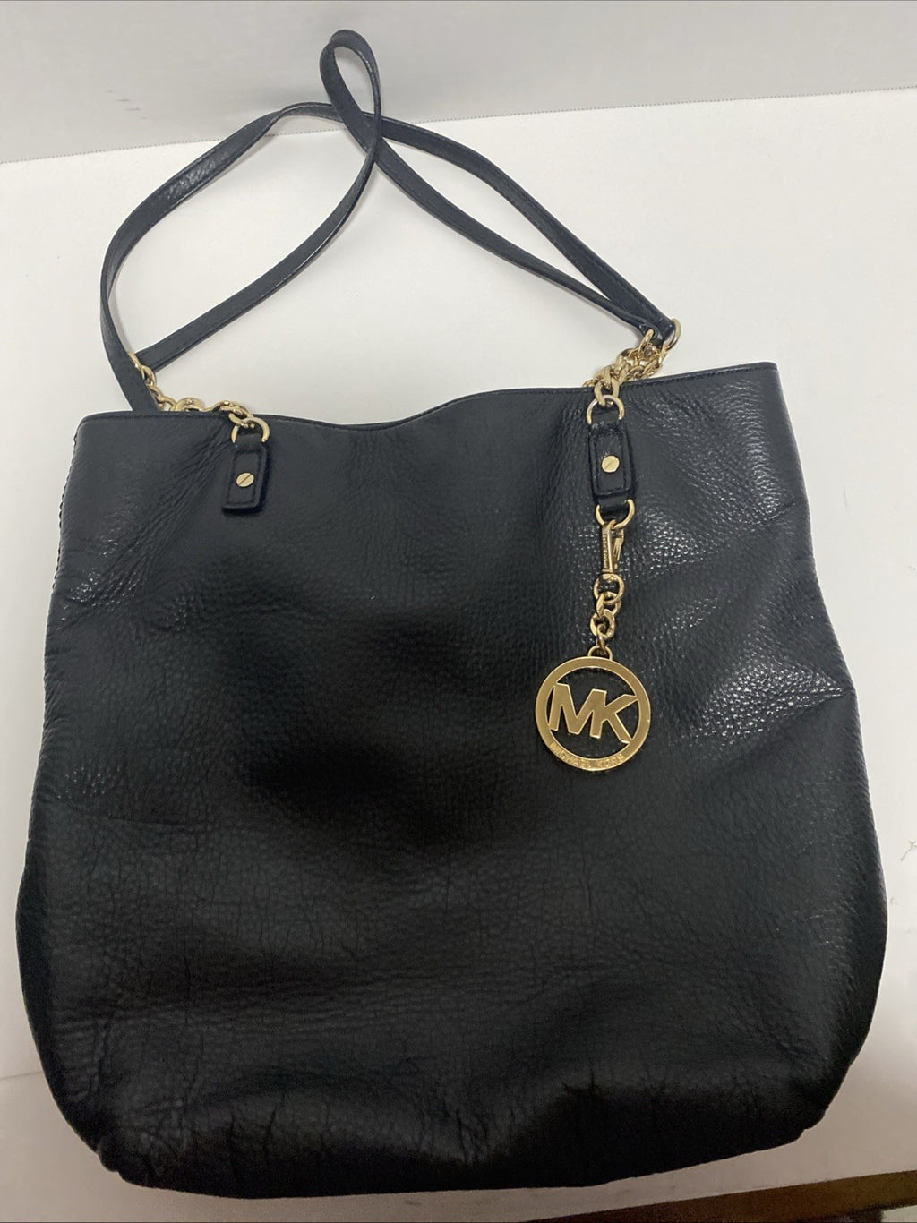 Michael Kors Black Pebbled Leather Handbag Purse Gold Medallion MK Chain EUC