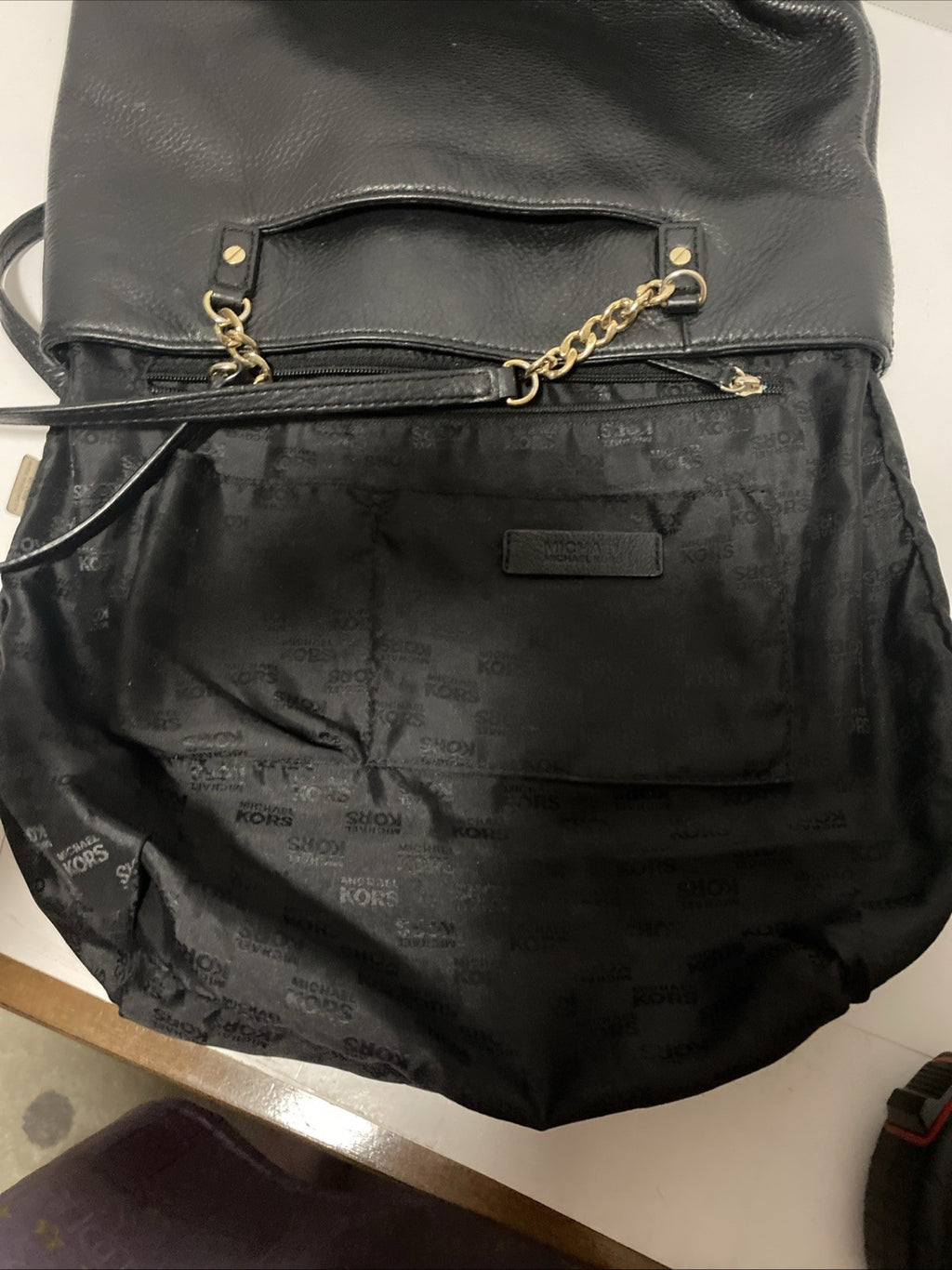 Michael Kors Black Pebbled Leather Handbag Purse Gold Medallion MK Chain EUC