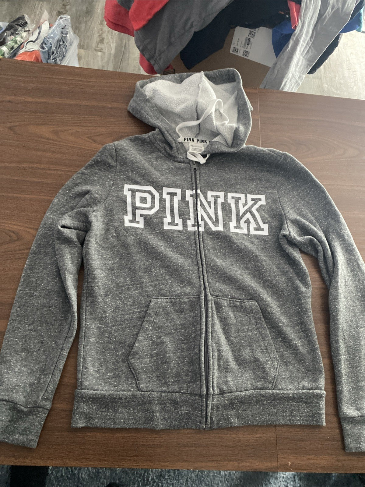 PINK Women Sweatshirt Small Gray Hoodie Logo Spellout Full Zip