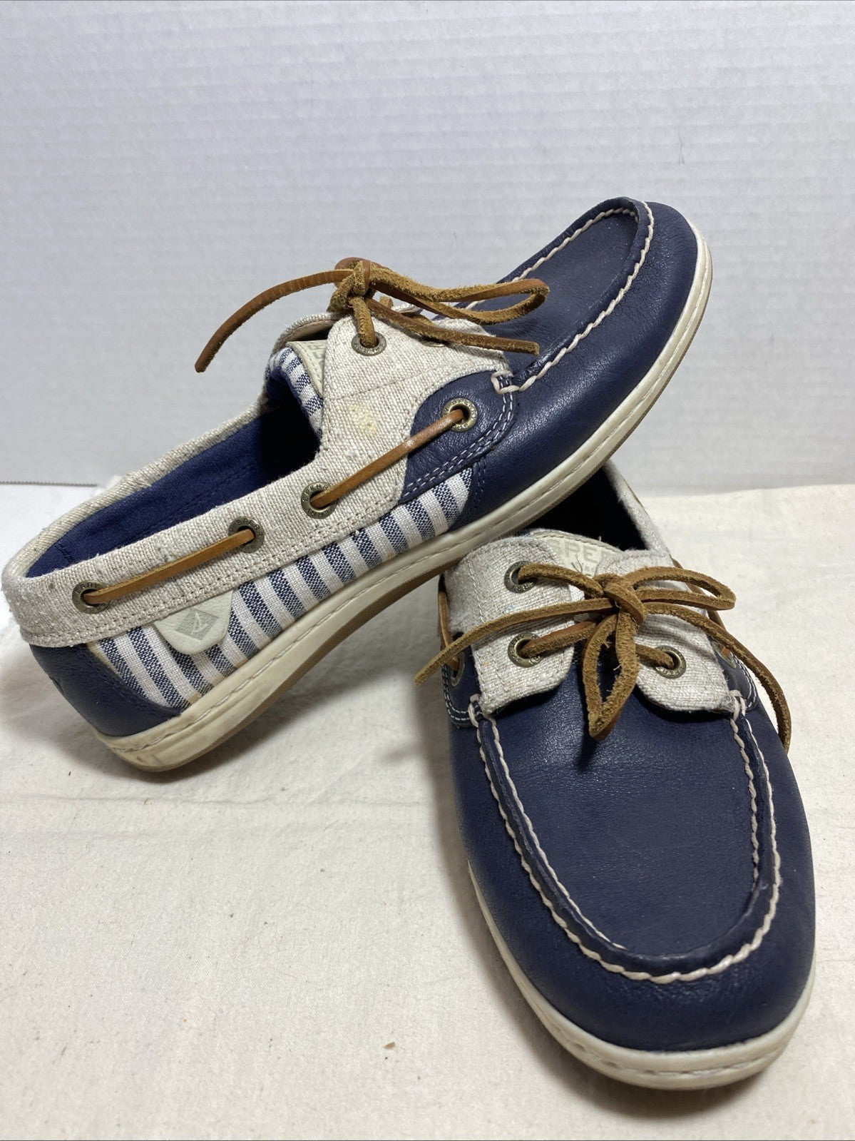 Sperry Koifish Blue Leather Boat Shoes Navy Stripe Canvas  Womens 7.5M