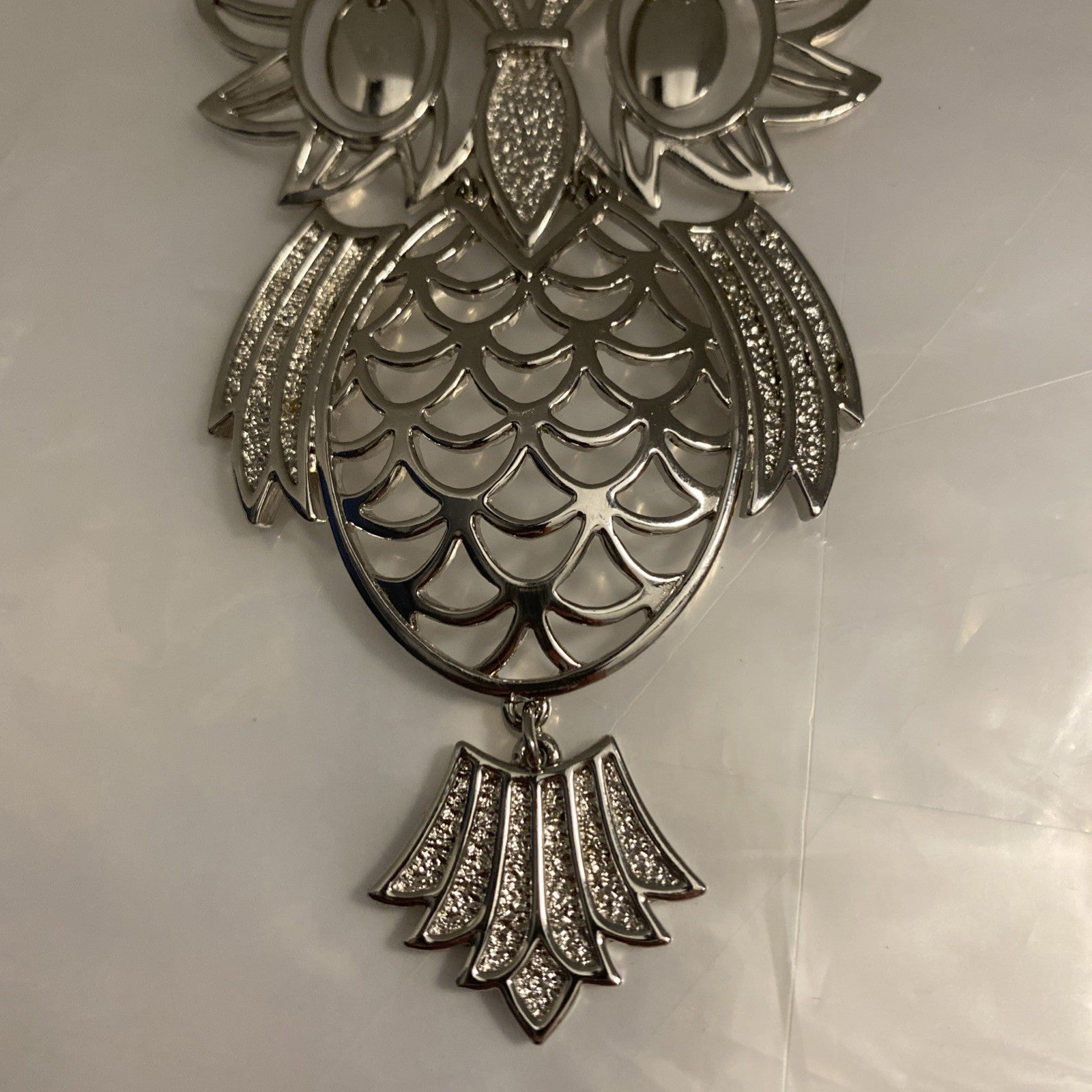 Vintage Silver Tone Large Owl Statement Pendant Bead Eyes Hinged