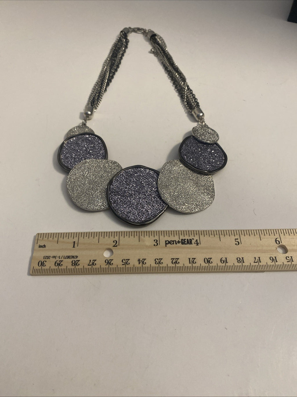 Shimmer Statement Collar Necklace with Silver Tone Disk Pedants
