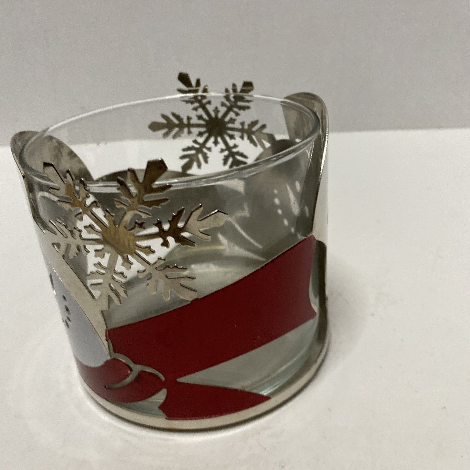 Bath & Body Works 3 Wick 14.5 oz  Candle Holder Silver Red Snowman Slatkin