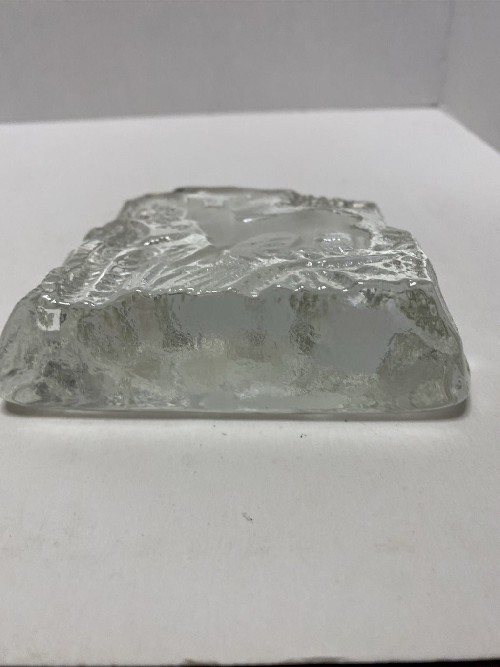 Vintage Clear Glass Deer Paperweight Sculpture 4”x5” Etched Forrest Scene