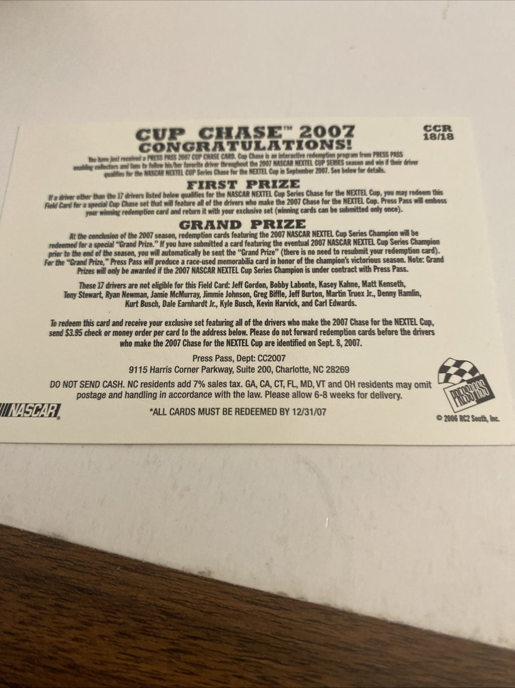 2007 Press Pass Cup Chase #CCR18 - Field Card