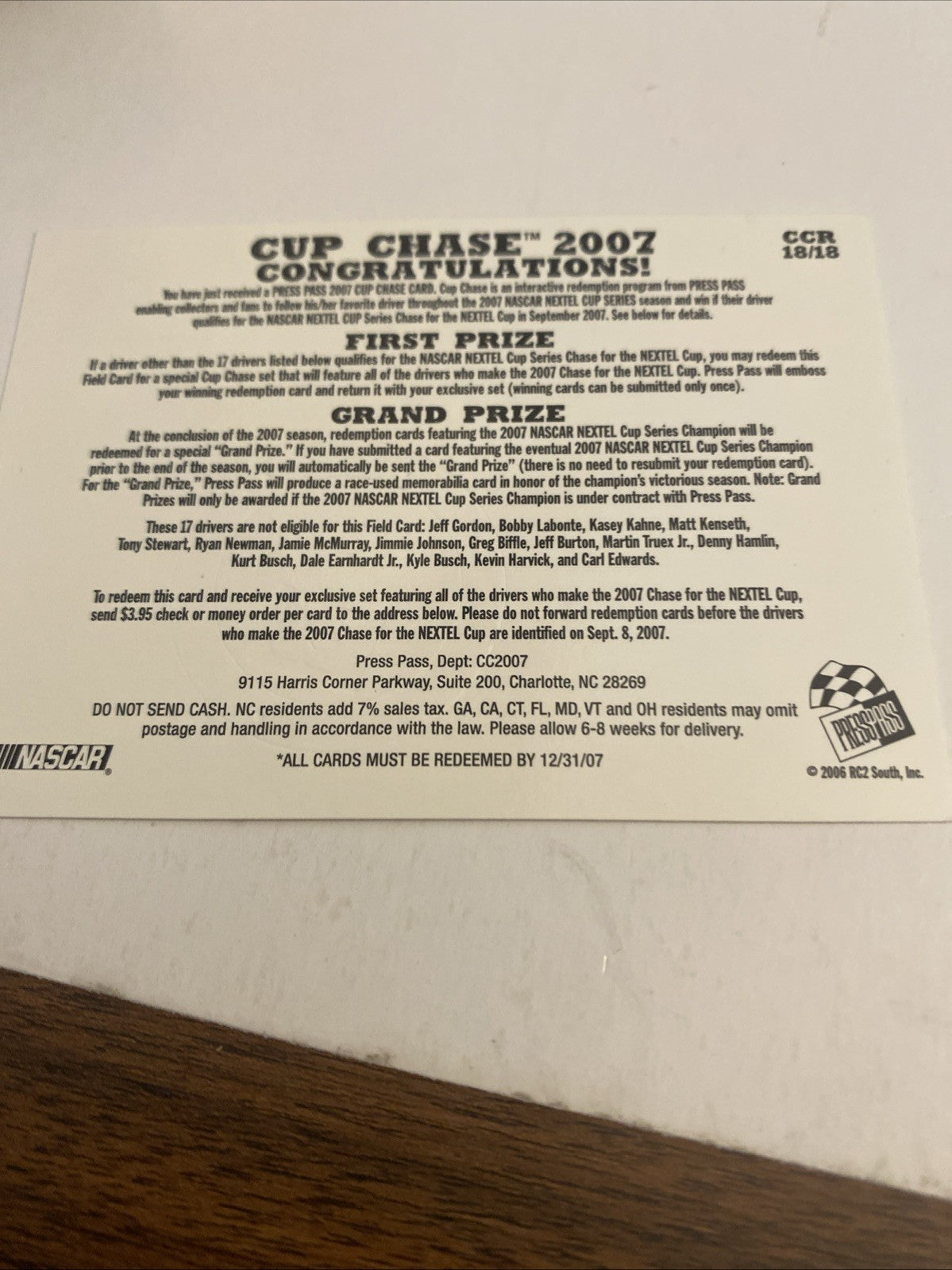 2007 Press Pass Cup Chase #CCR18 - Field Card