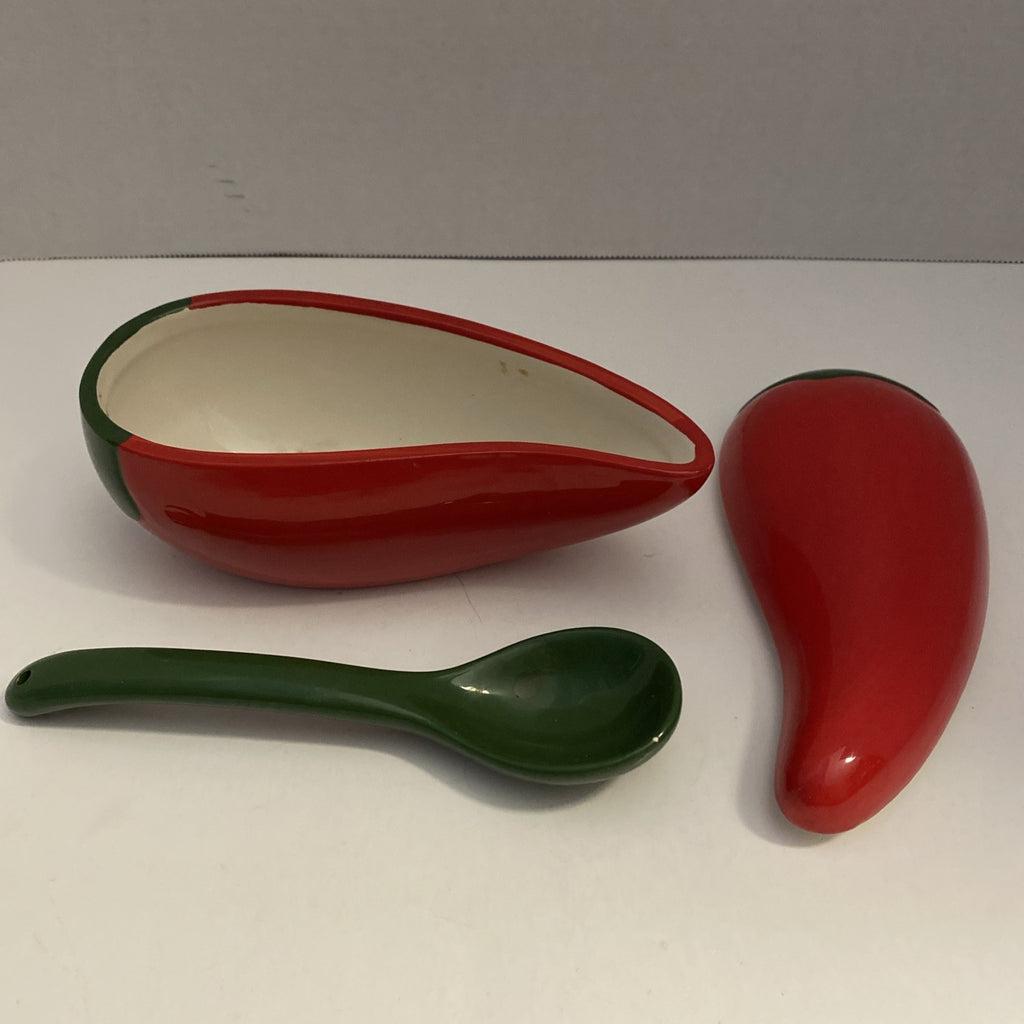 3-Piece Ceramic Red Chili Salsa Bowl  With Lid And Spoon