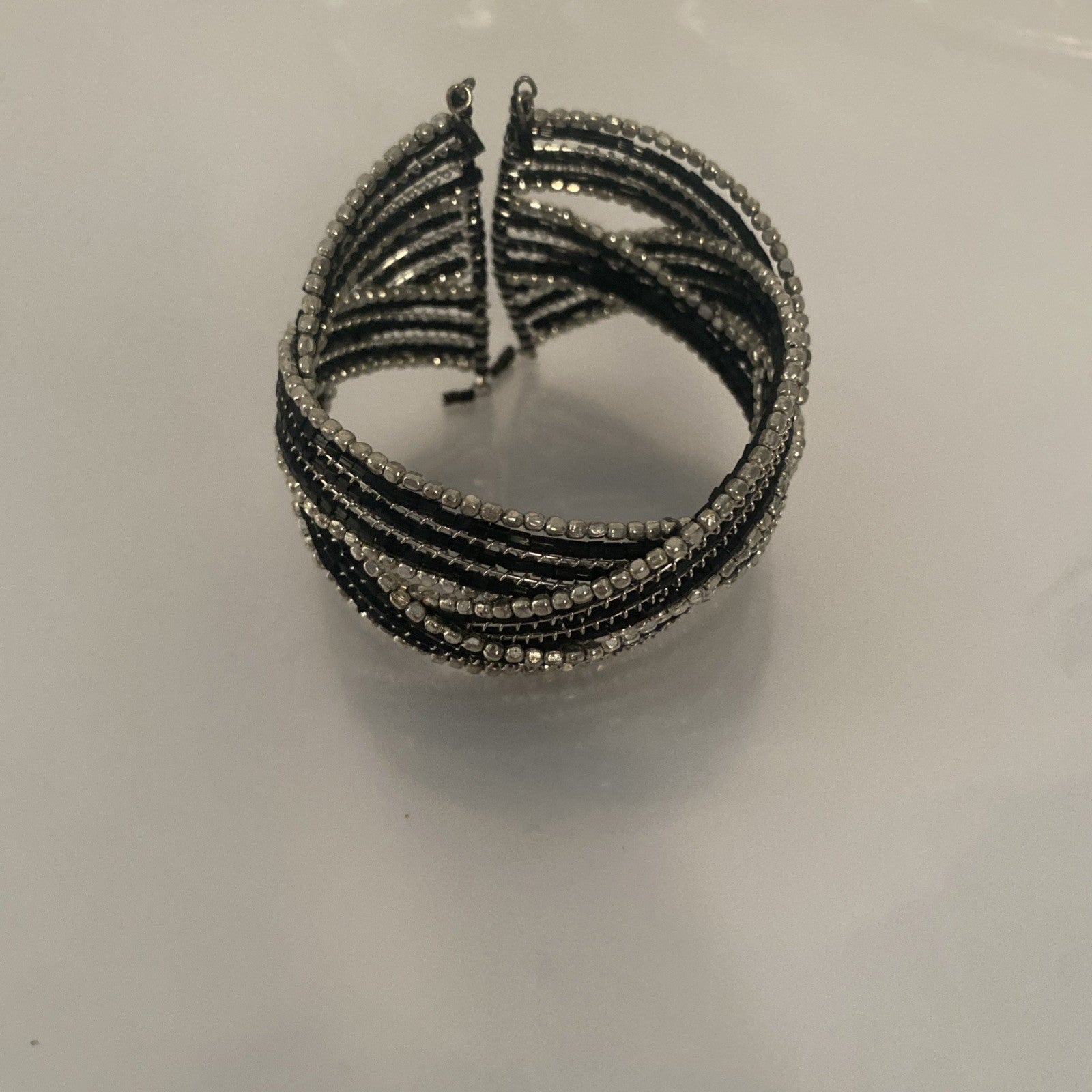 Vintage Cuff Bracelet Open Cuff 5" Silvertone Black 1.5" Wide 1970-1980