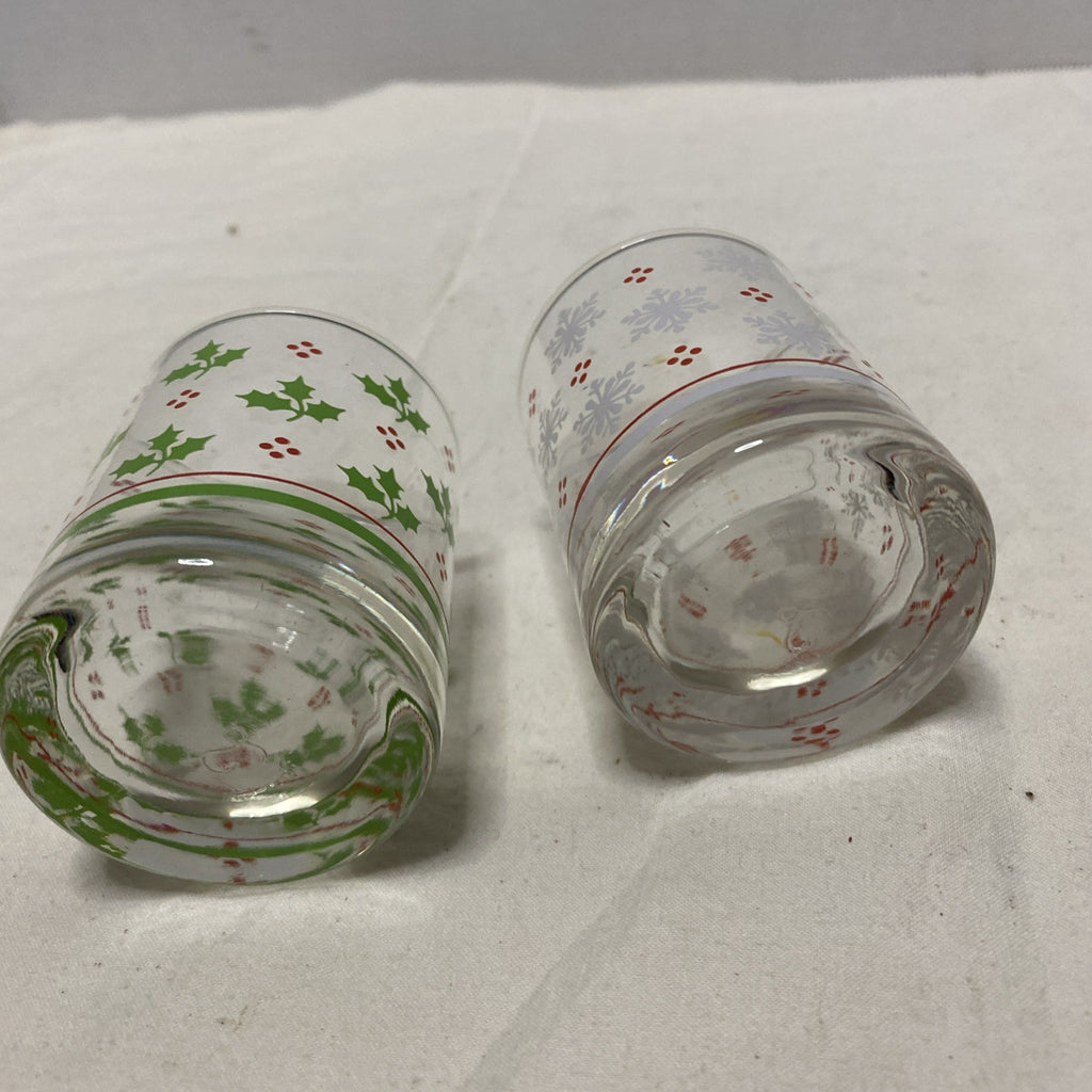 Set of 2 -Holly Berry & Snowflake Lowball Rocks Drinking Glasses