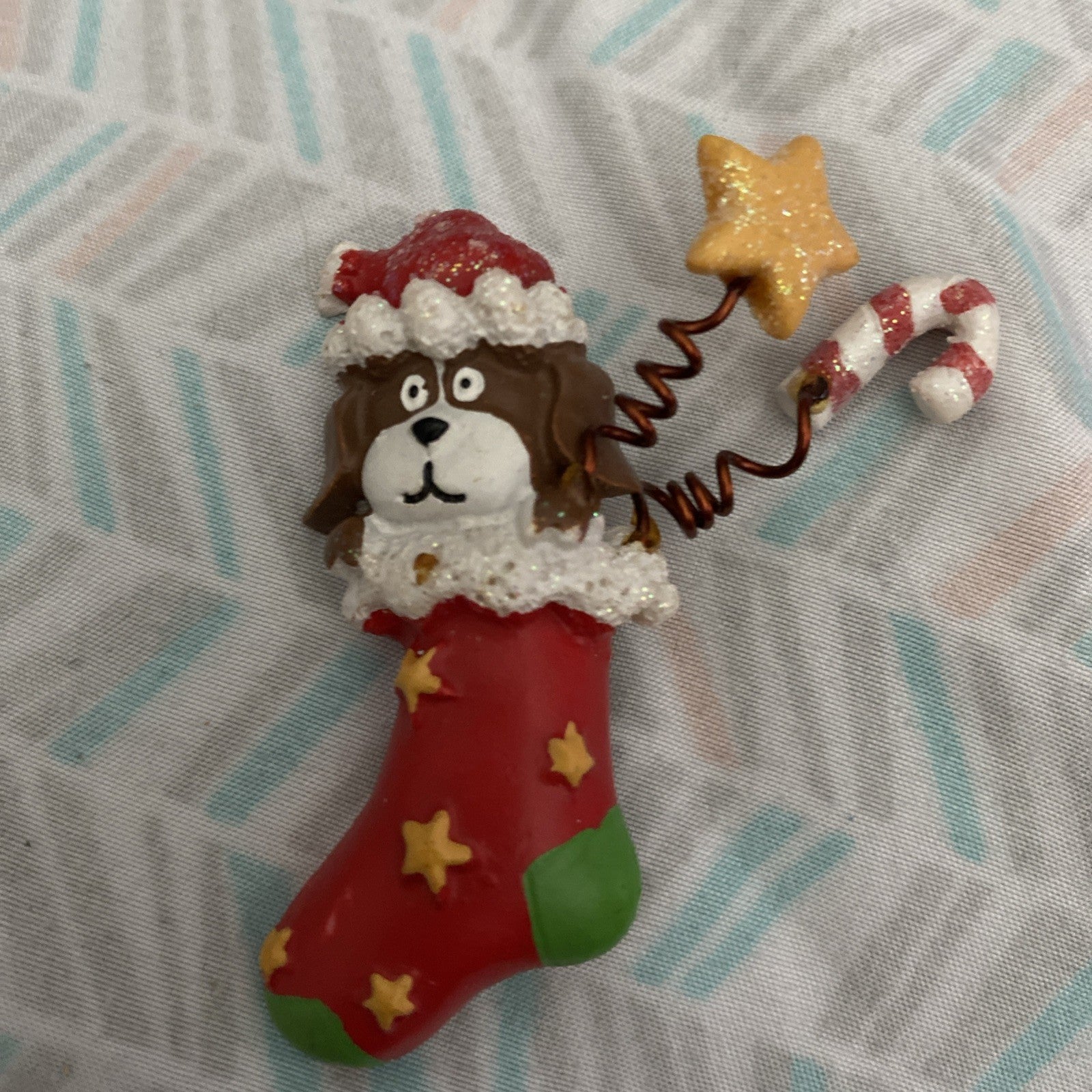 Vintage Christmas Stocking With Puppy Dog Pin Resin