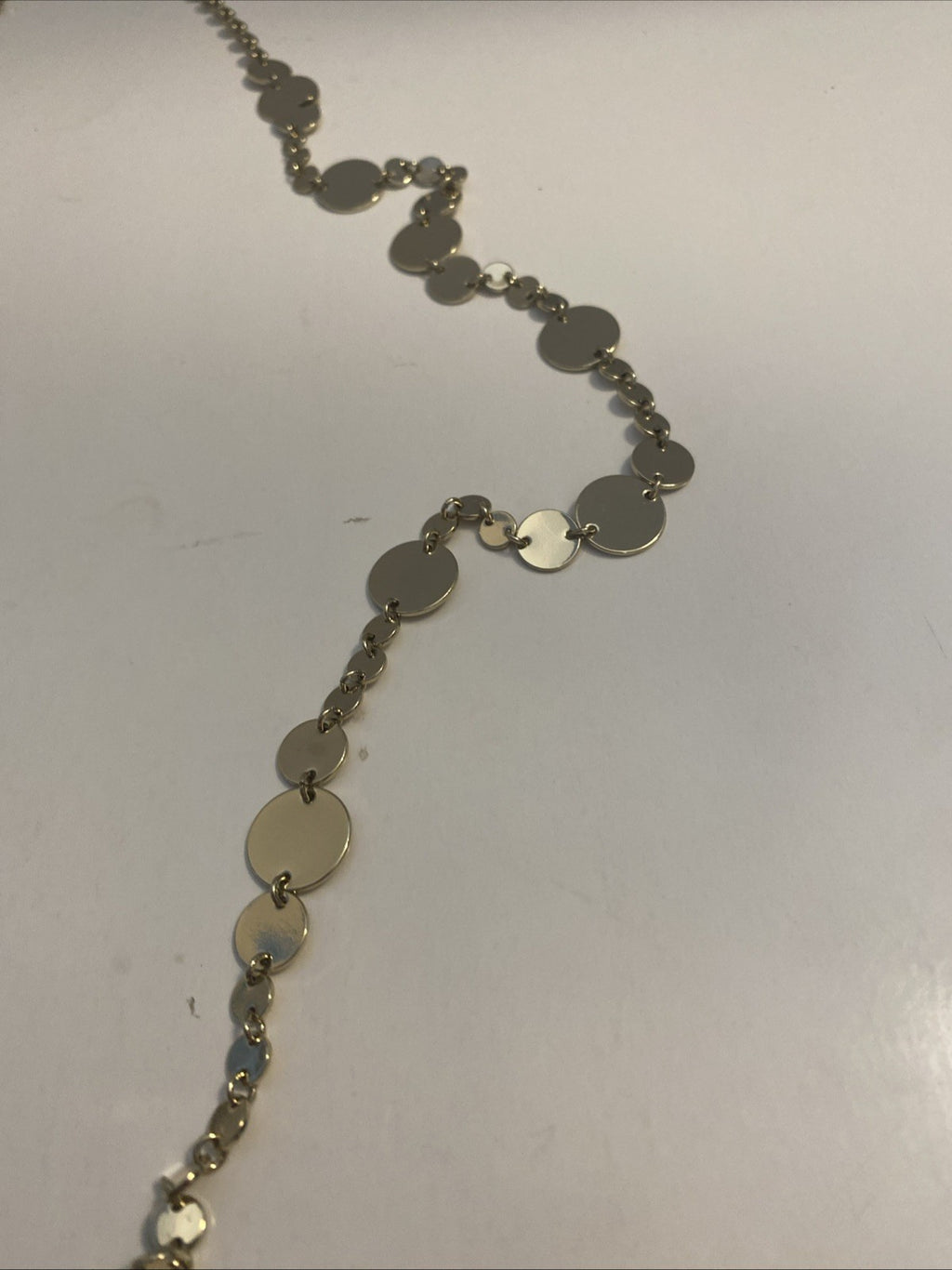 Gold Tone Statement Charm Necklace- Long 38”W/ White Faceted Acrylic Pendants.