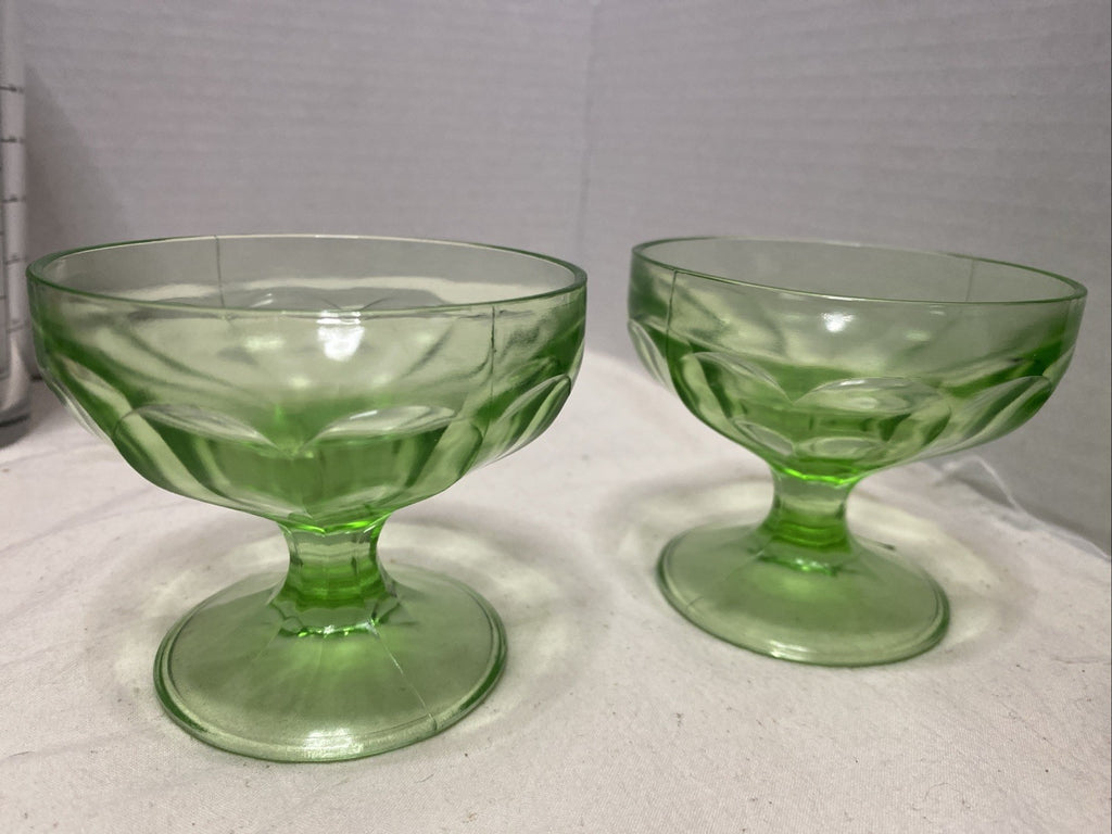 Uranium Green Colored Depression Glass Champagne / Sherbert / Dessert Glasses