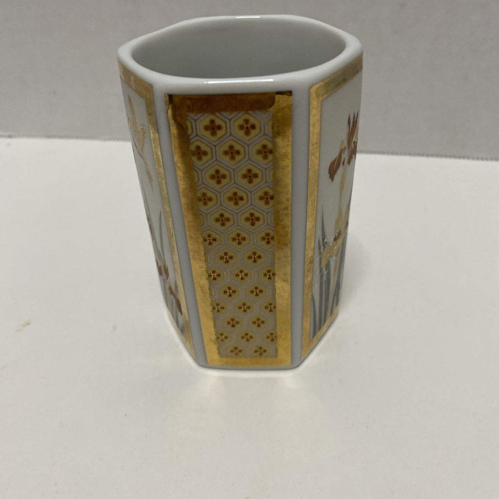 Vintage Gold Hummingbird Iris Orchid  Hexagonal Ceramic Bud Vase