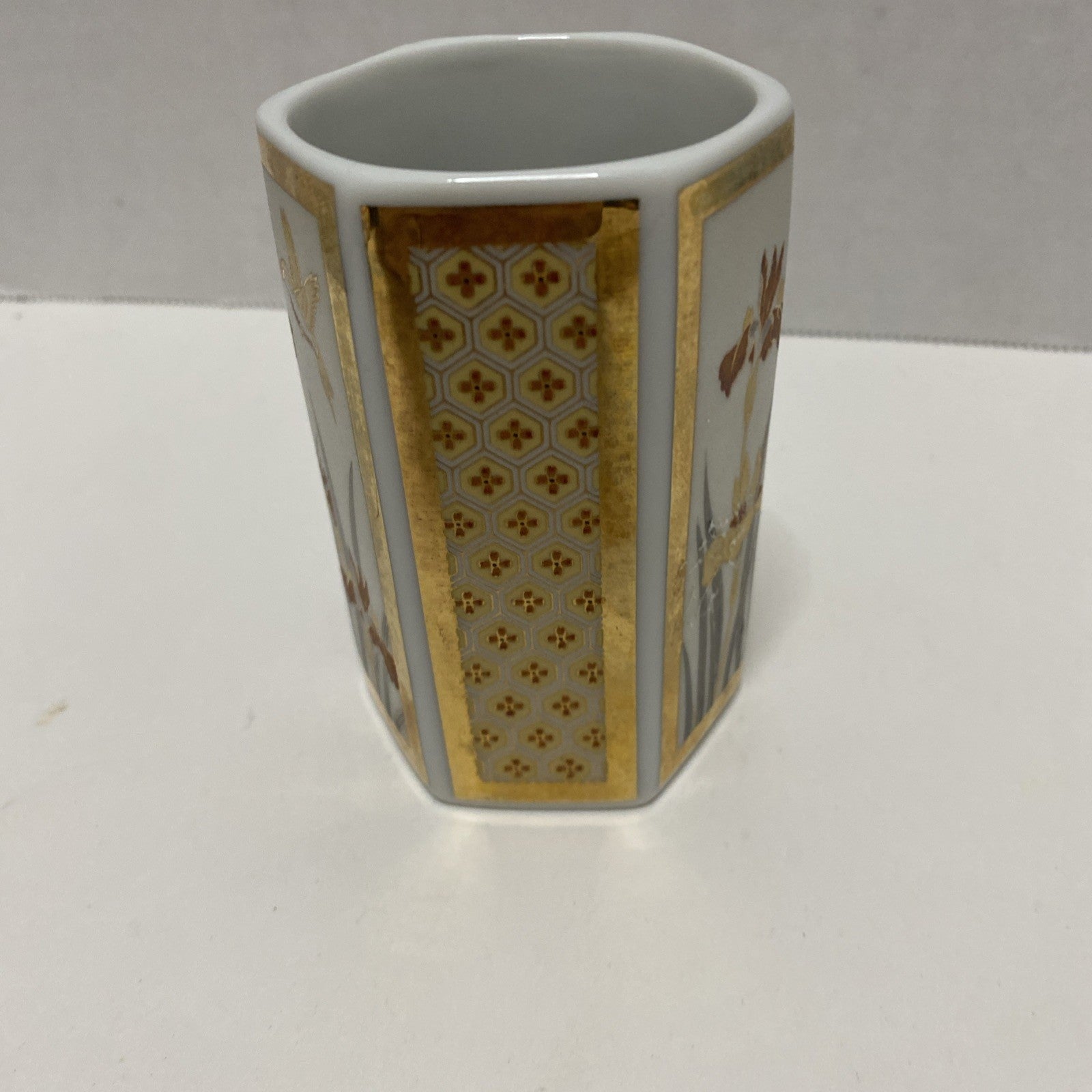 Vintage Gold Hummingbird Iris Orchid  Hexagonal Ceramic Bud Vase