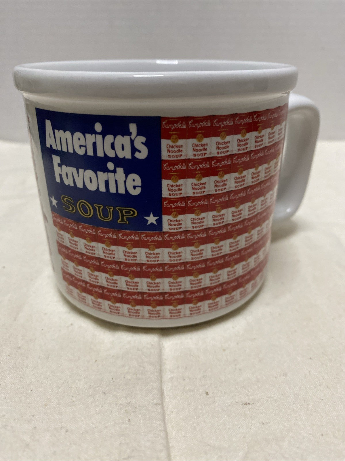 Campbell's Soup Mug Cup 1998 Flag AMERICAS FAVORITE SOUP Red White Blue VTG pop