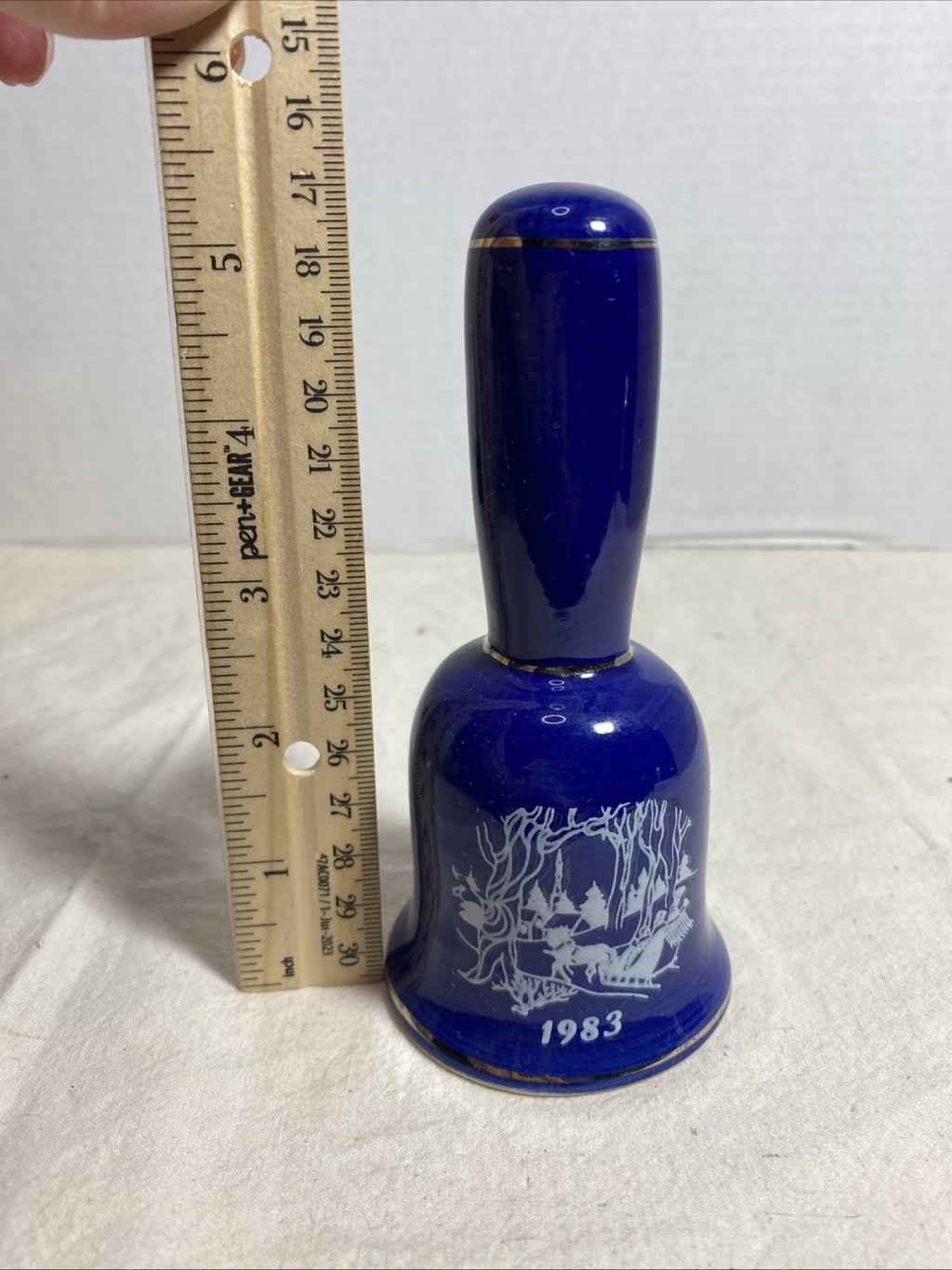 Small Vintage Bell blue with Victorian couple Winter Scene