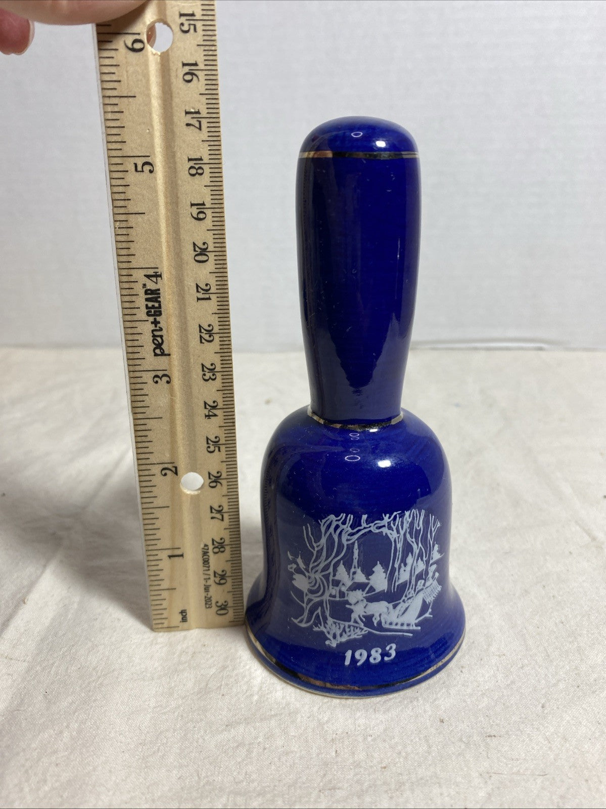 Small Vintage Bell blue with Victorian couple Winter Scene