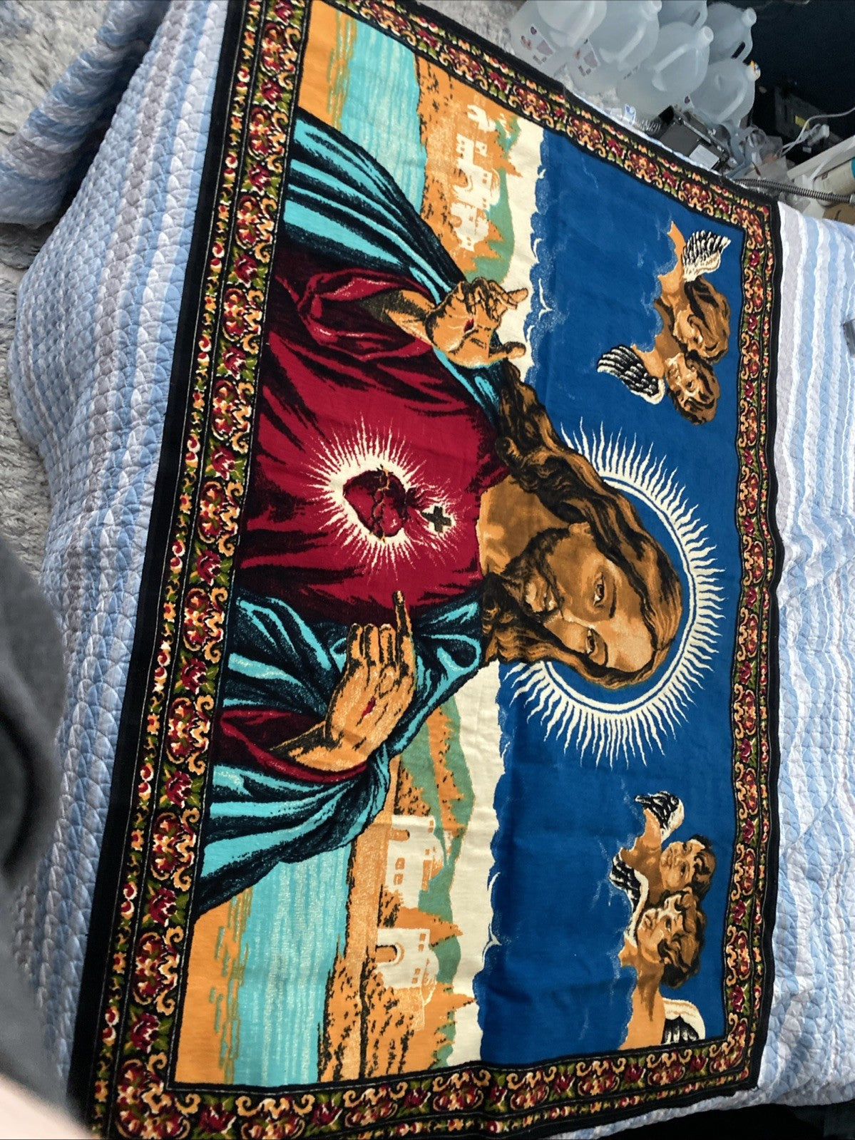 Jesus Sacred Heart Wall Tapestry 57" X 38" Made In Turkey Mid Century Vintage 