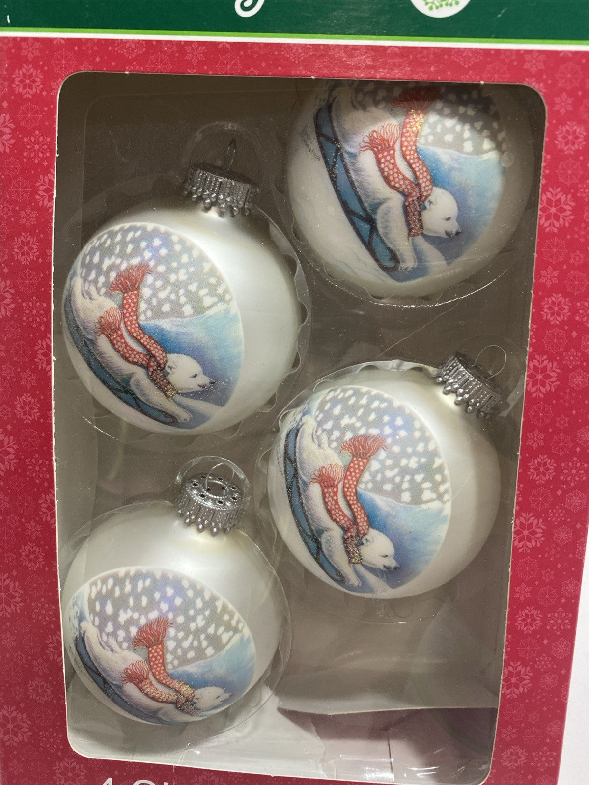 NIB 4 Merry Brite Round Christmas Ornaments Sledding Polar Bears