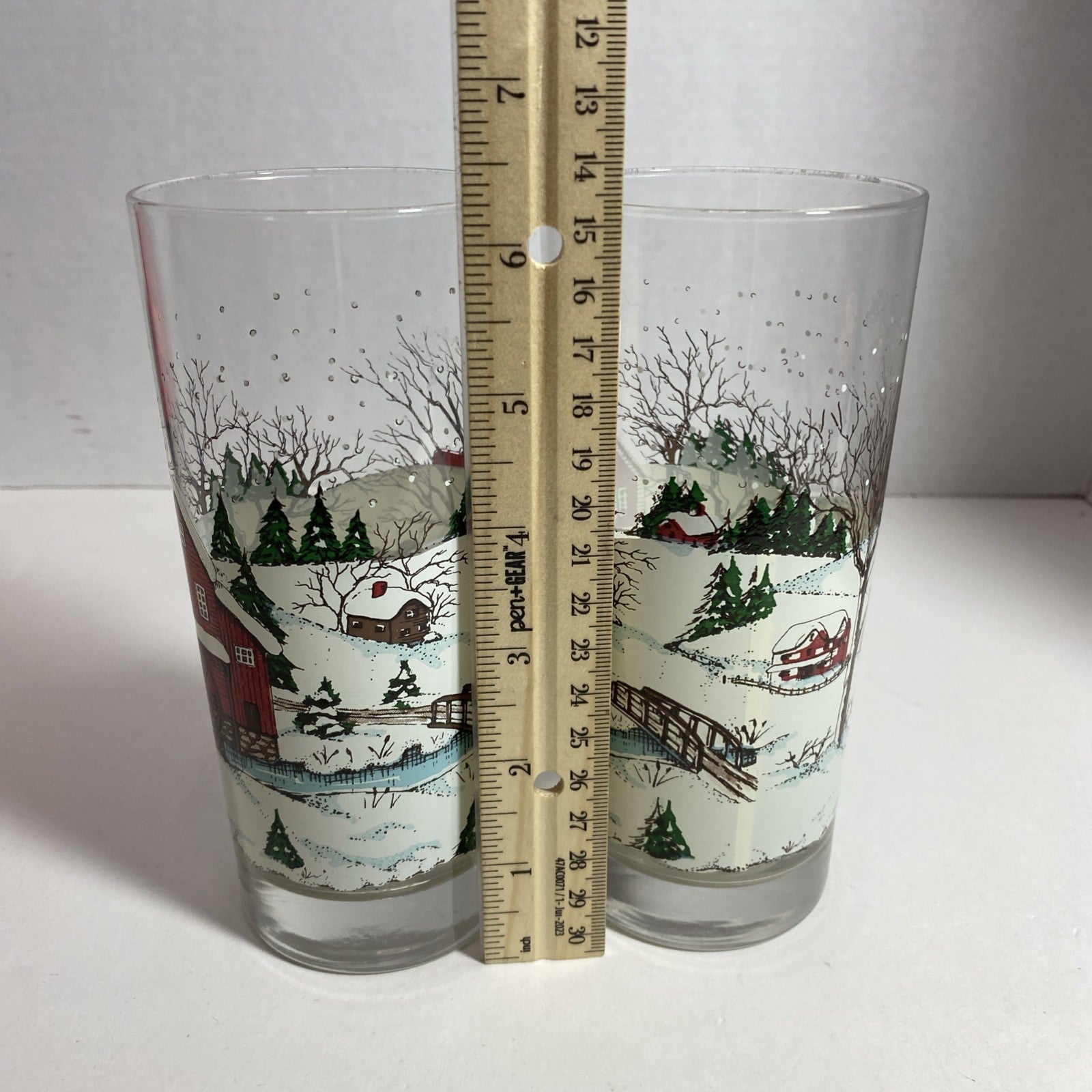 2-Drinking Glasses Currier Ives Winter Barn Snow  Scene.