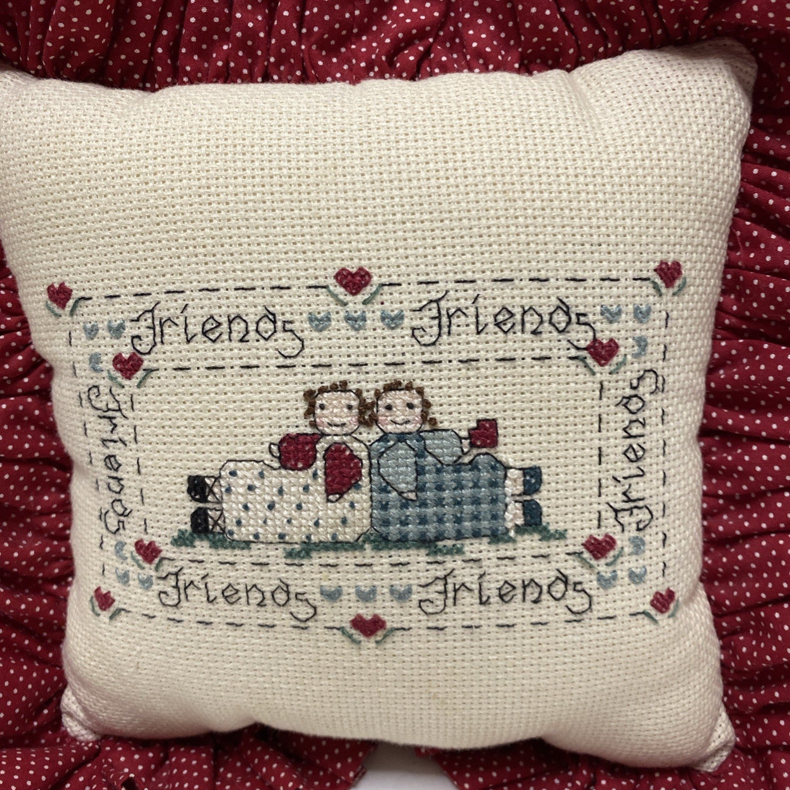 CROSS STITCH FINISHED PILLOW OLD FASHION FRIENDS HANDMADE