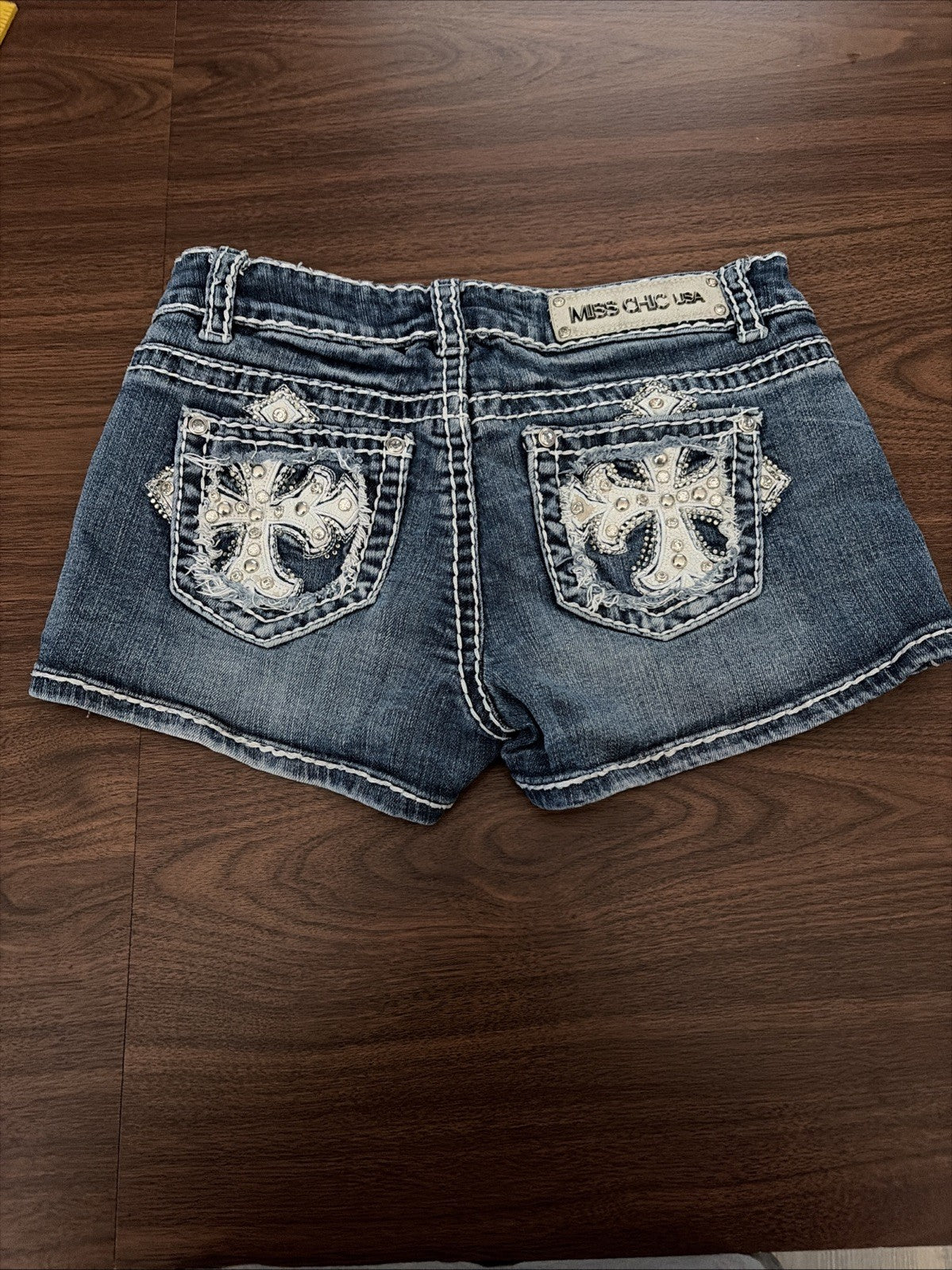 Miss Chic Denim Jean SHORTS, Size M Style C198, Rhinestones Gems BLING