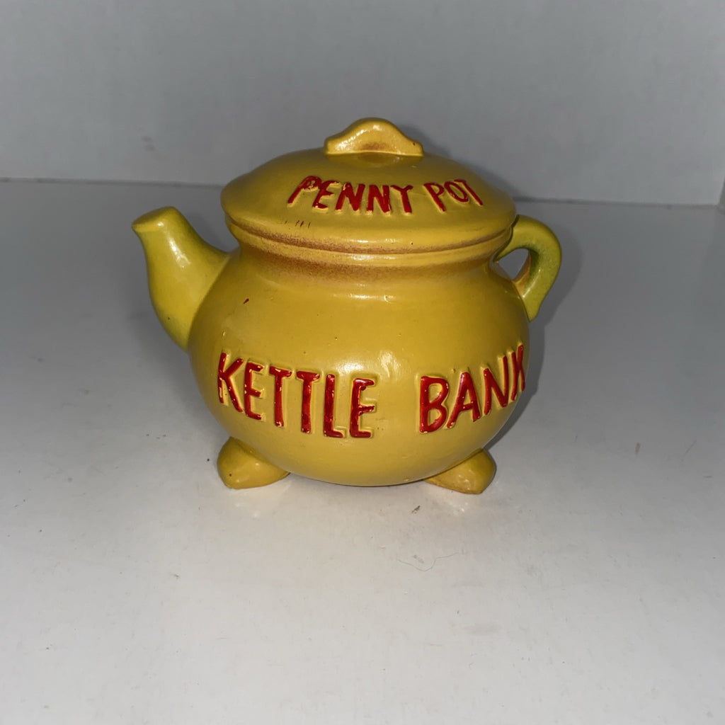 Vintage Penny Pot Yellow Kettle Coin Bank - Ceramic See Description