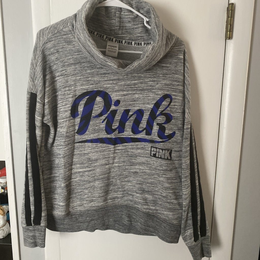 Victorias Secret PINK High-Neck Cowl Pullover, Gray Marl / Script Size Med