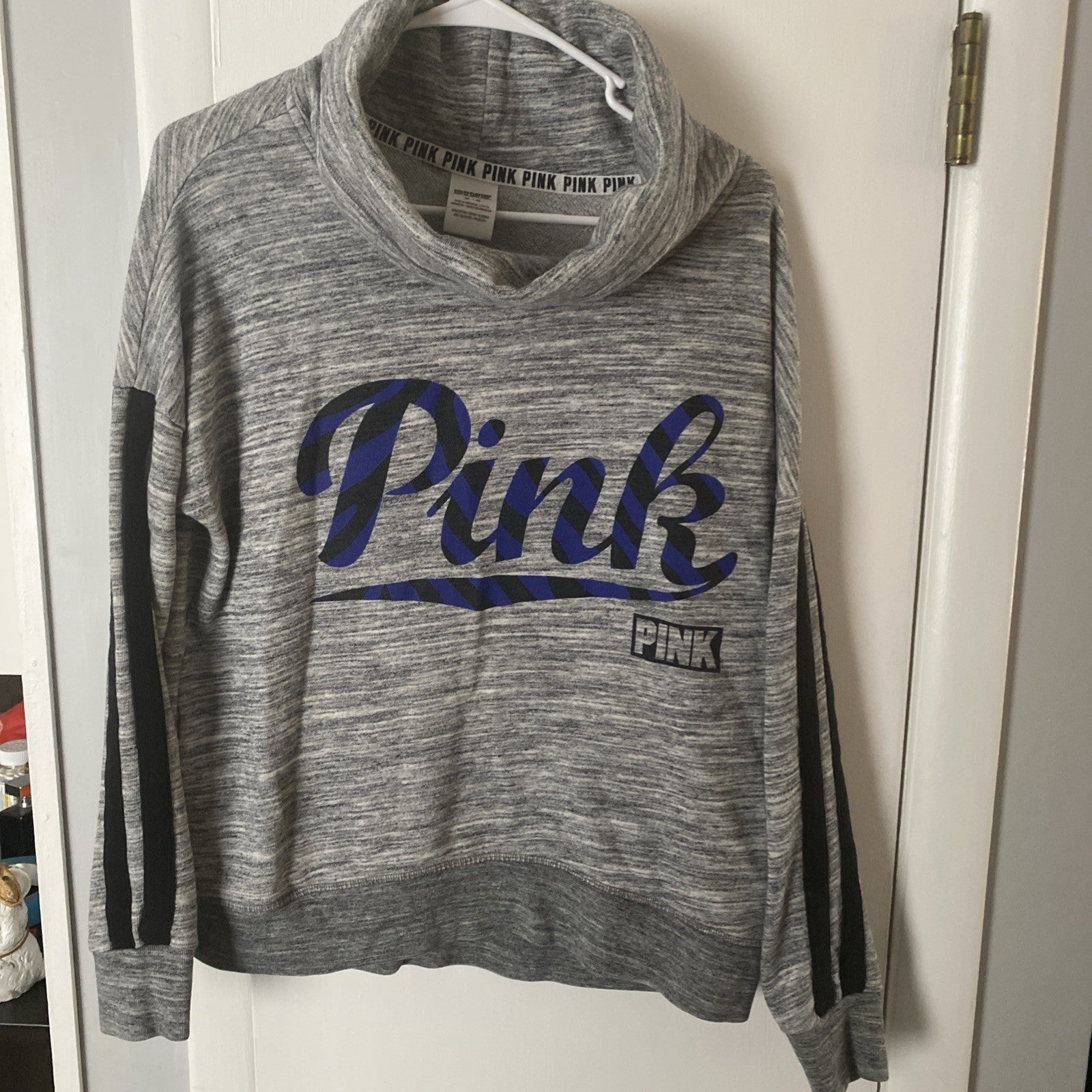 Victorias Secret PINK High-Neck Cowl Pullover, Gray Marl / Script Size Med