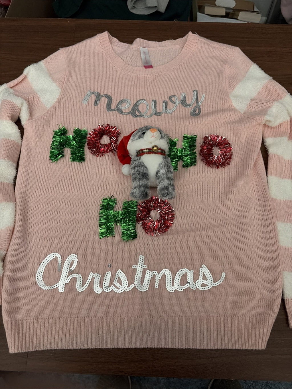 NOBO Ugly Christmas Sweater Pink Plush Cat Ho Ho Ho XL (15-17) NWT Meowy Christm