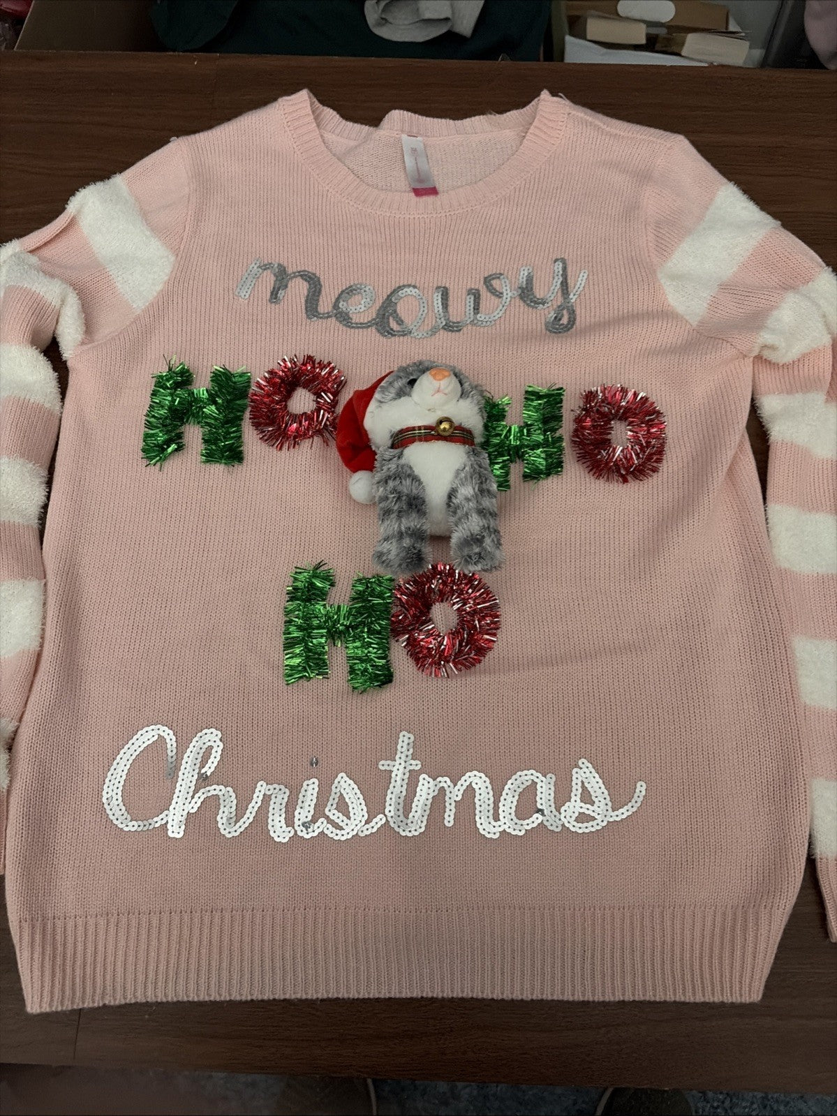 NOBO Ugly Christmas Sweater Pink Plush Cat Ho Ho Ho XL (15-17) NWT Meowy Christm