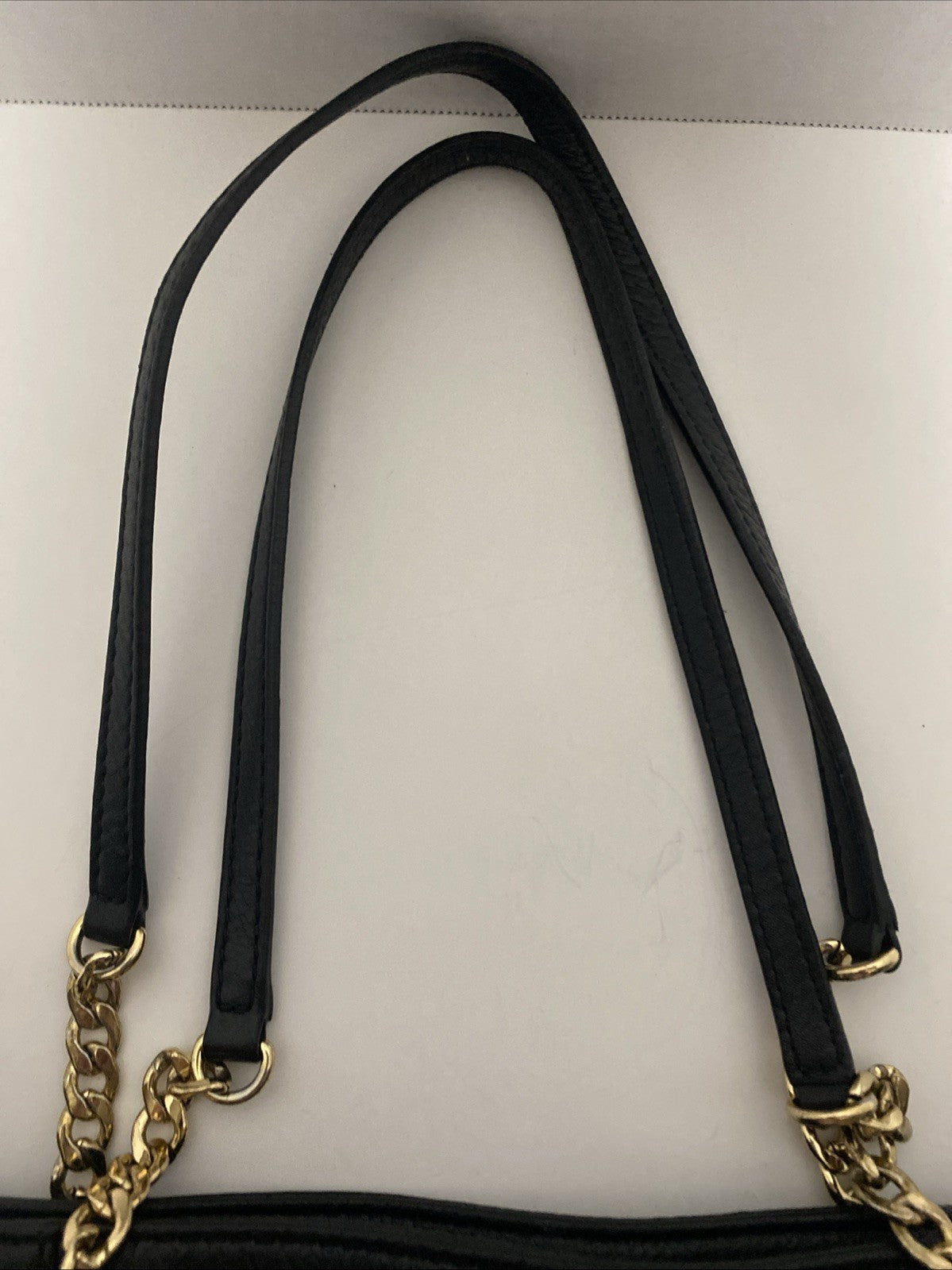 Michael Kors Black Pebbled Leather Handbag Purse Gold Medallion MK Chain EUC