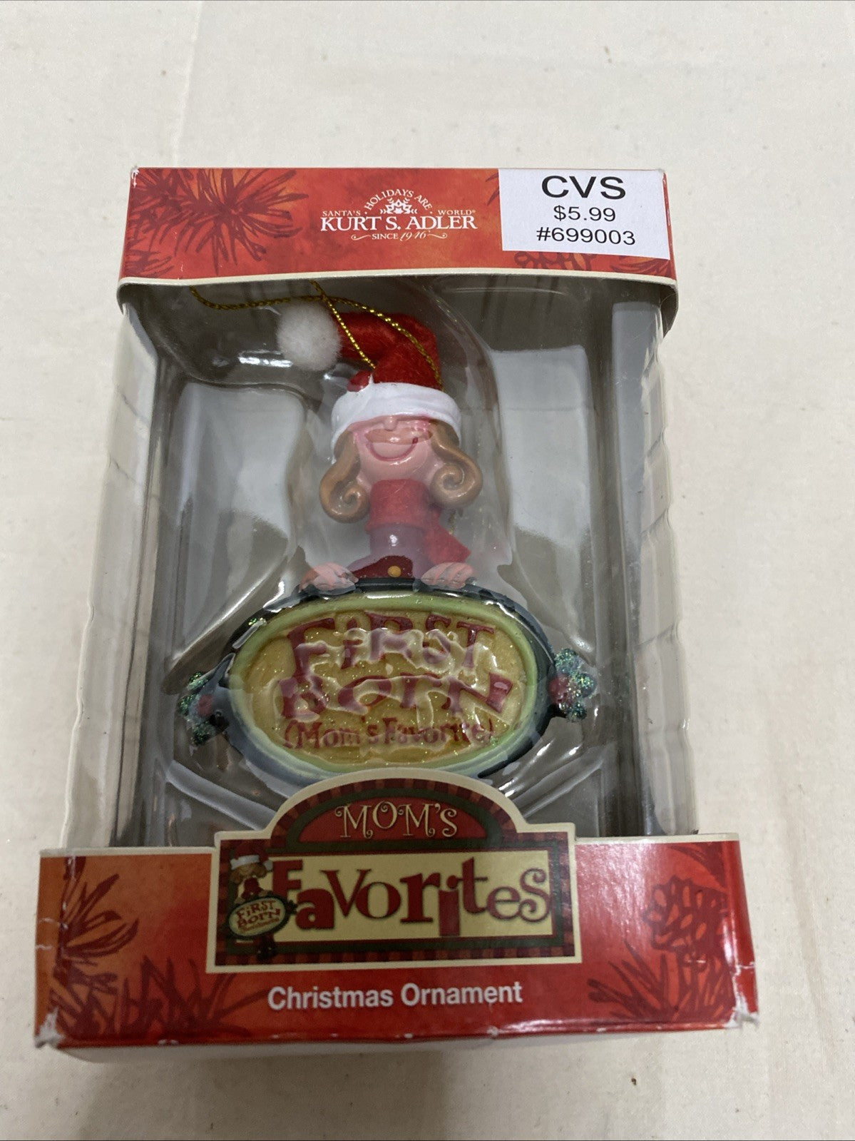 Kurt Adler Mom's Favorite Christmas Tree Ornament First Born Box Box NEW