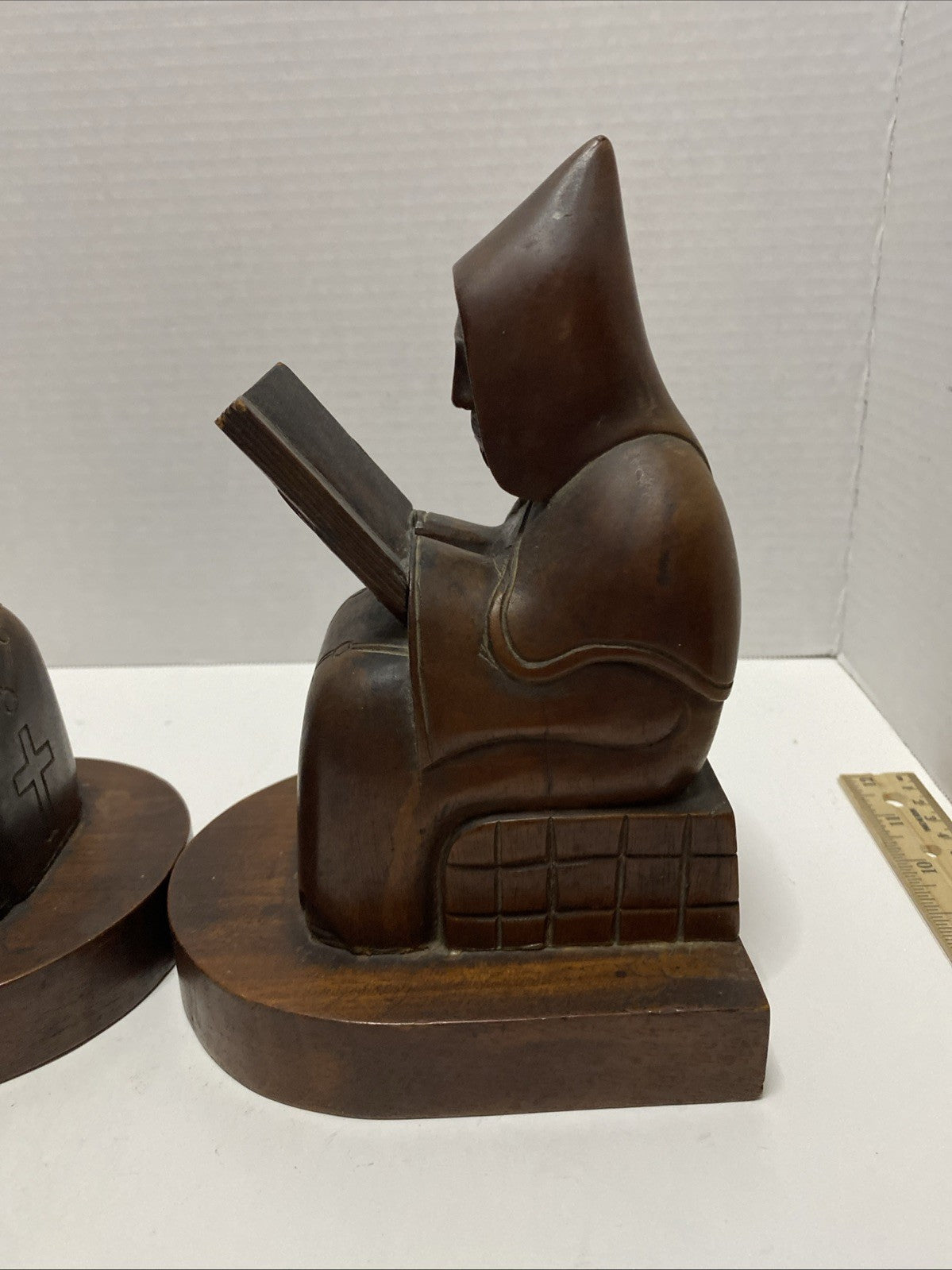Vintage Hand Carved Wooden Monk Bookends Mid century dark wood christian hermit