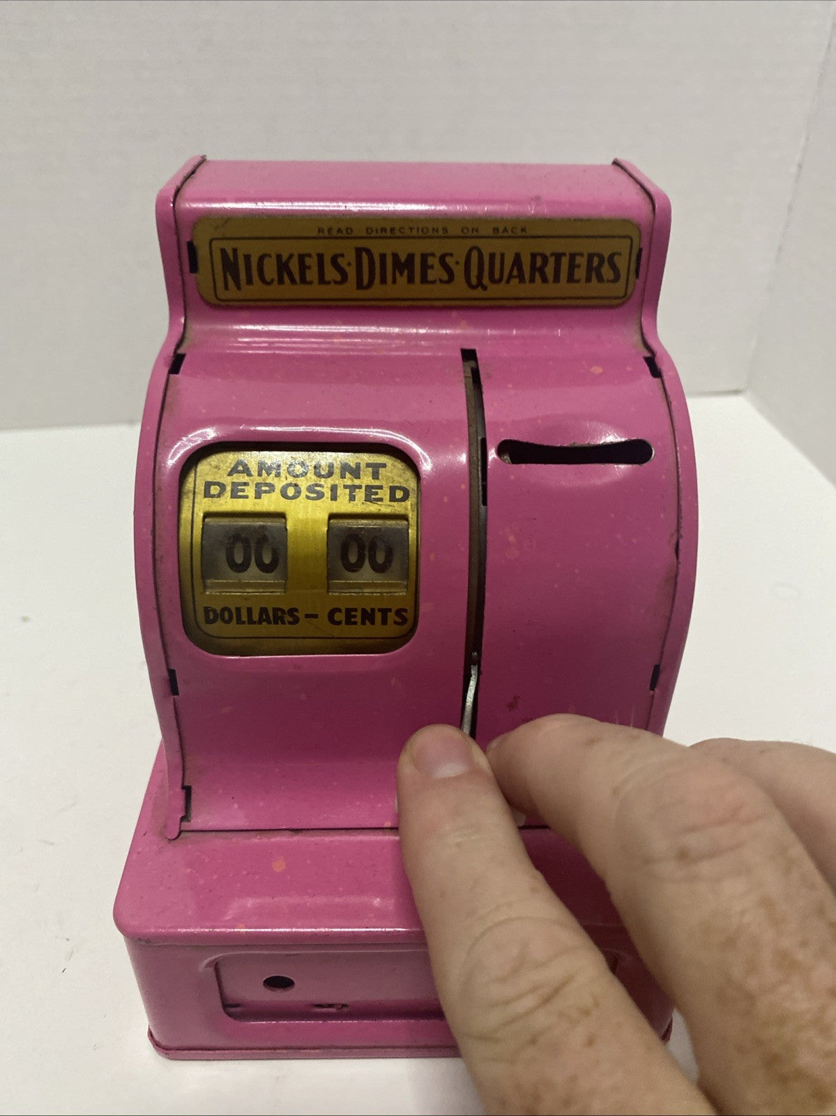 Vintage~Uncle Sam~Pink Metal Cash Register Coin Bank~Counts Money/Locks~Works