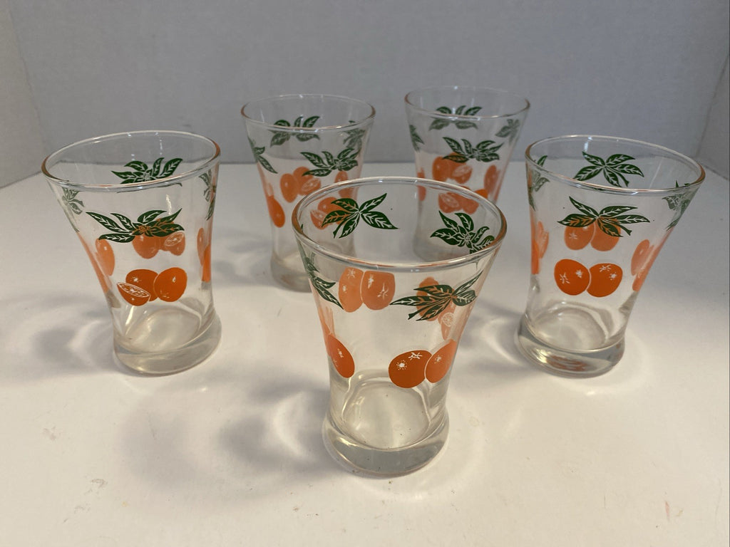 Vintage Retro MCM Oranges Juice Leaf Leaves Sliced Fruit Small Drinking Glass X5