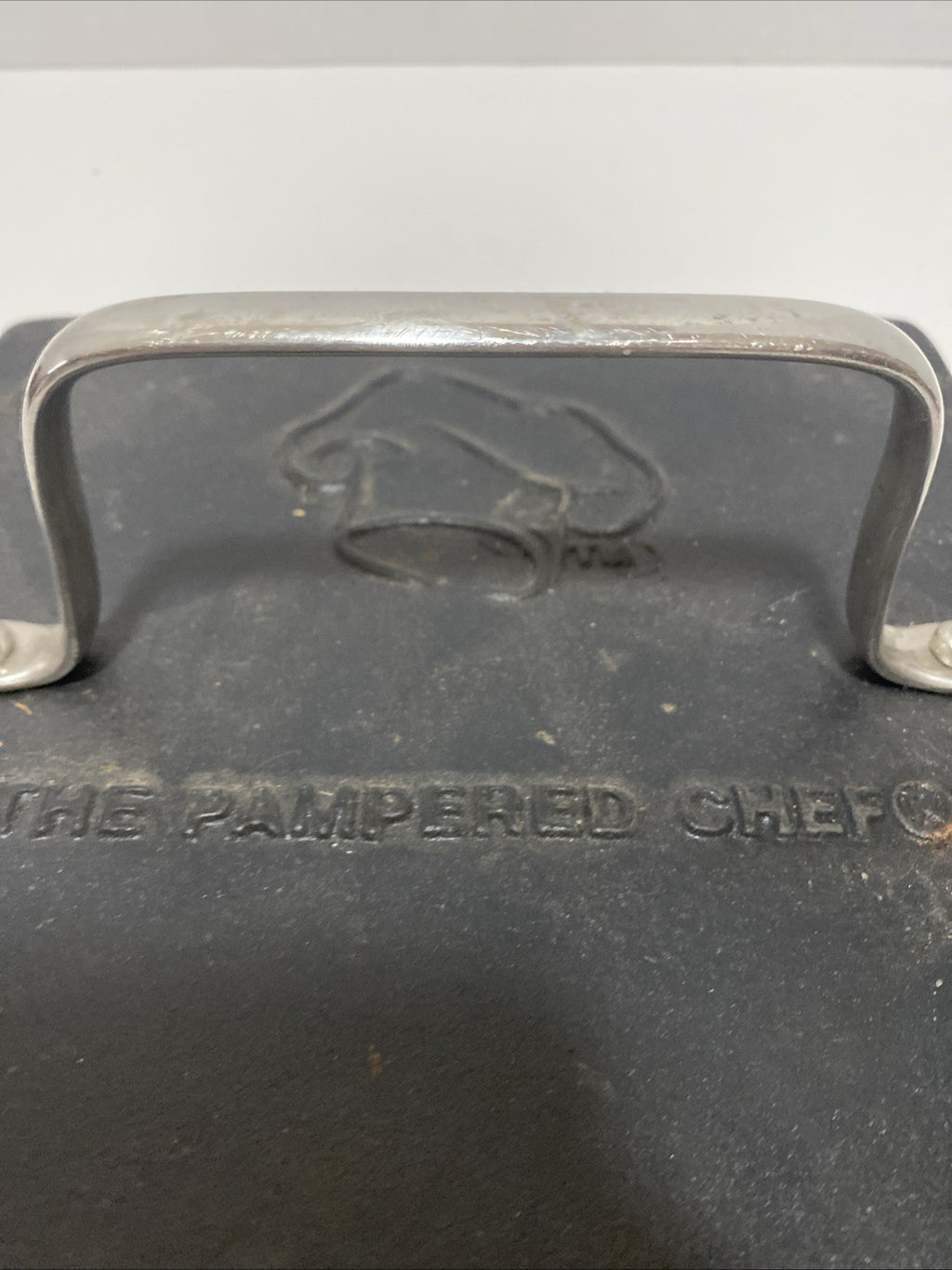 Pampered Chef Cast Iron Grill Pan Heavy Press Panini Burger Bacon 8.5" square