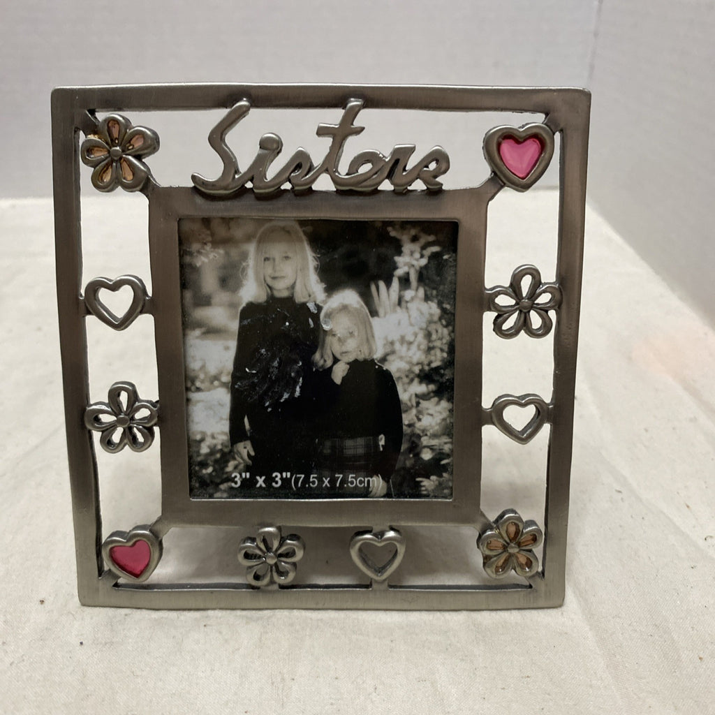 EUC Pewter-Look Square "Sisters" Photo Frame, Hearts/Flowers, Opening=2"+ x 2"+