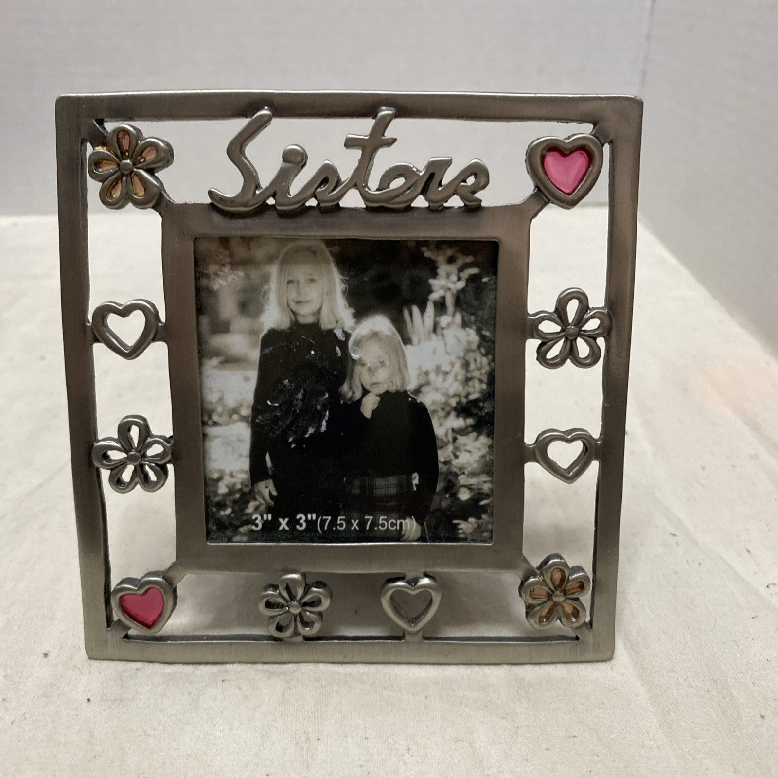 EUC Pewter-Look Square "Sisters" Photo Frame, Hearts/Flowers, Opening=2"+ x 2"+